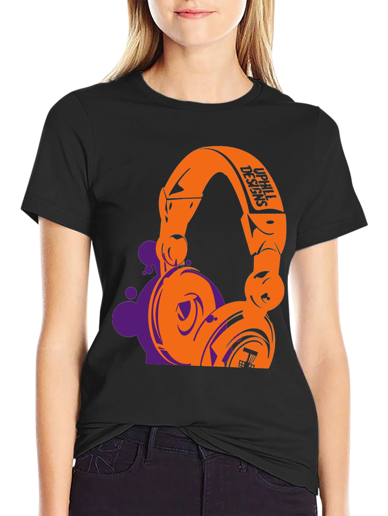 Black Stylish Graphic T-Shirt with Headphone Design view 2