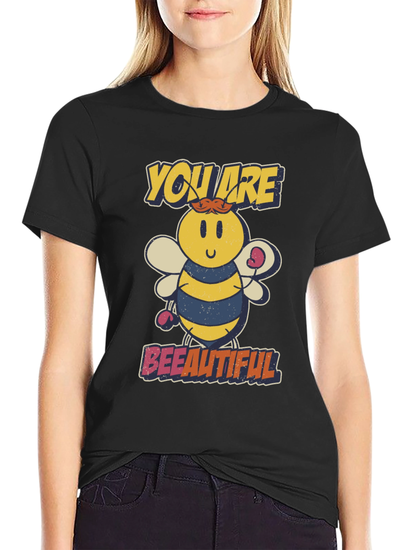 Black Bee-utiful Cartoon Bee Graphic T-Shirt view 2