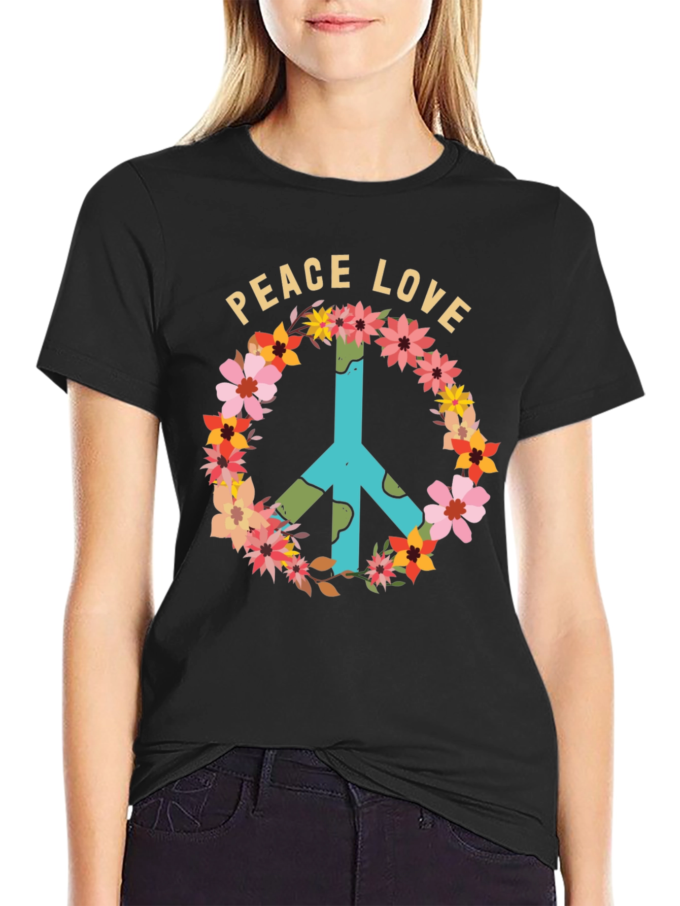 Black Peace Love Floral Sign T-Shirt view 2