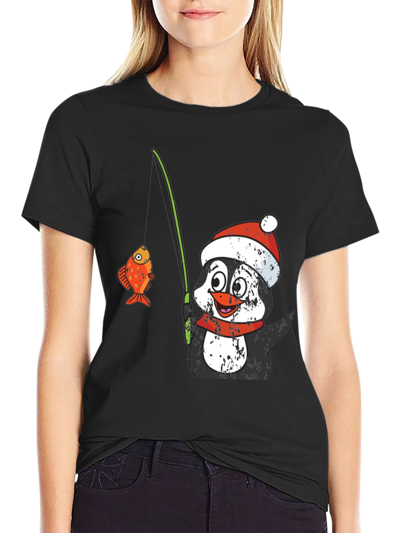 Black Penguin Fishing T-Shirt - Festive Holiday Wear view 2