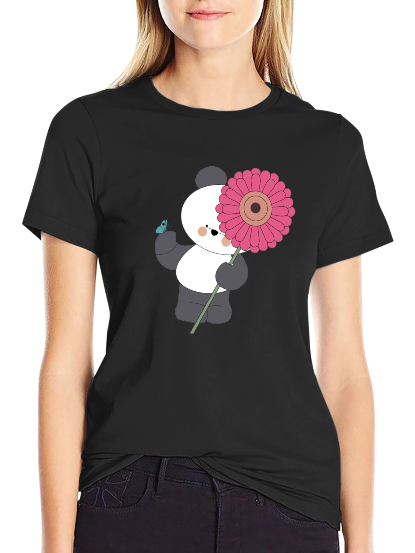 Black Panda with Flower Graphic Black T-Shirt view 2
