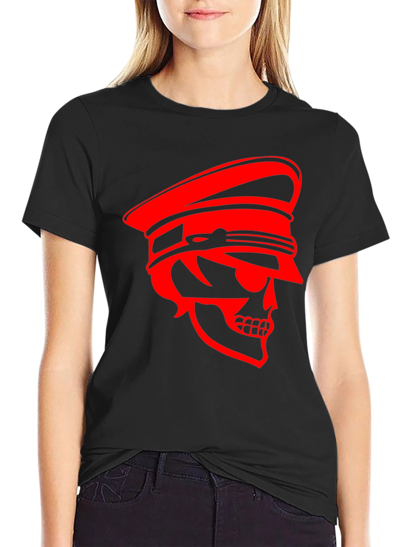 Black Skull Captain Graphic Tee - Bold Red Design on Black Cotton view 2