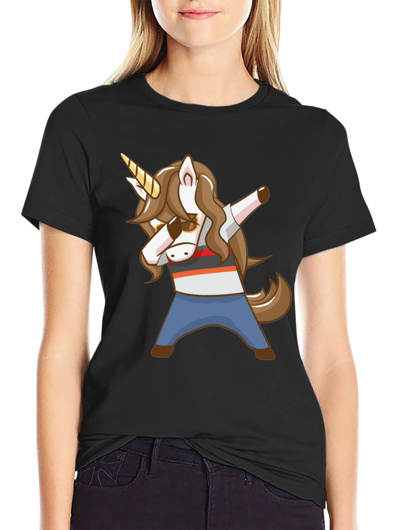Black Dabbing Unicorn Graphic T-Shirt view 2