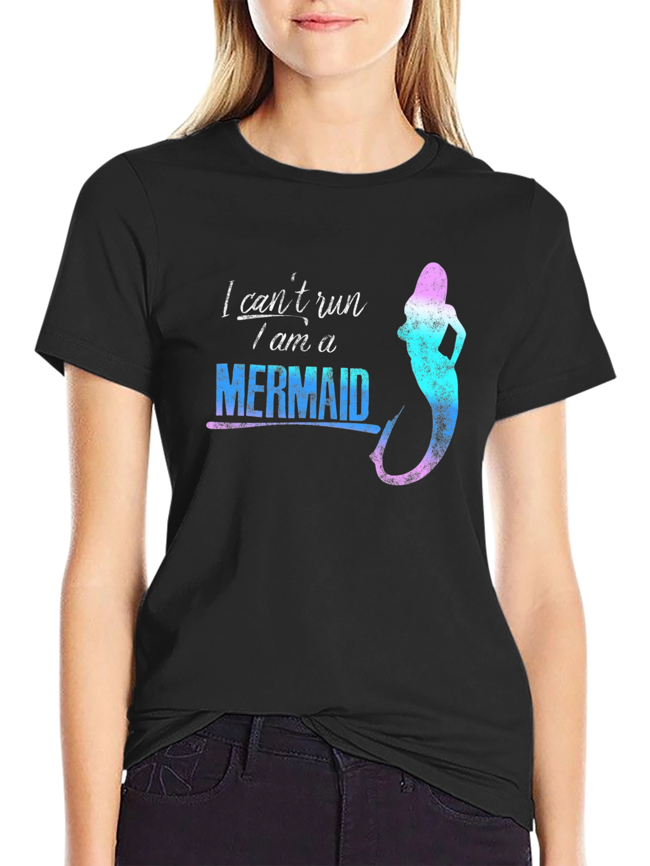 Black Mermaid Graphic Tee - "I Can't Run" Novelty T-Shirt view 2