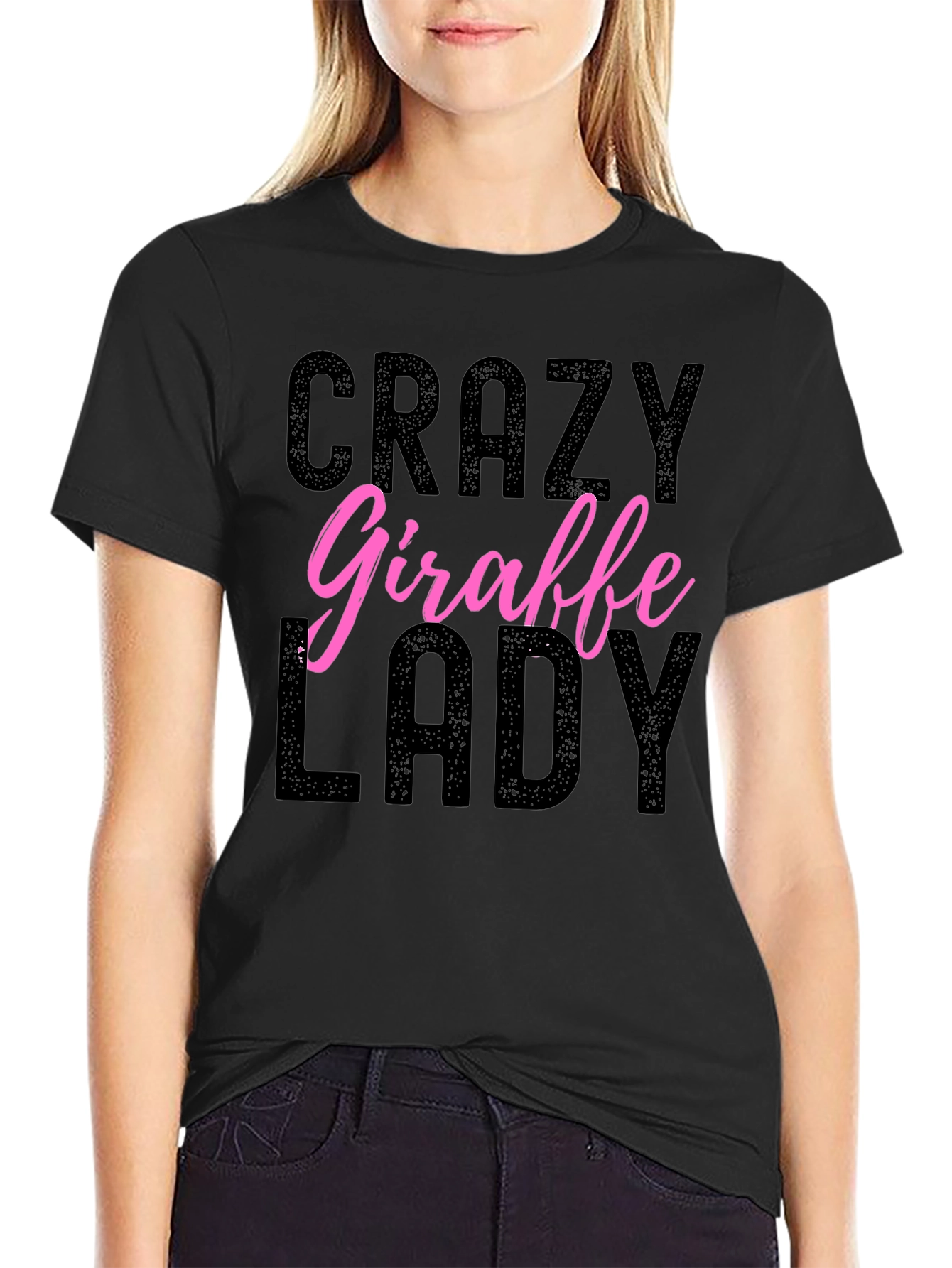 Black Crazy Giraffe Lady Graphic T-Shirt - Novelty Animal Lover Tee view 2