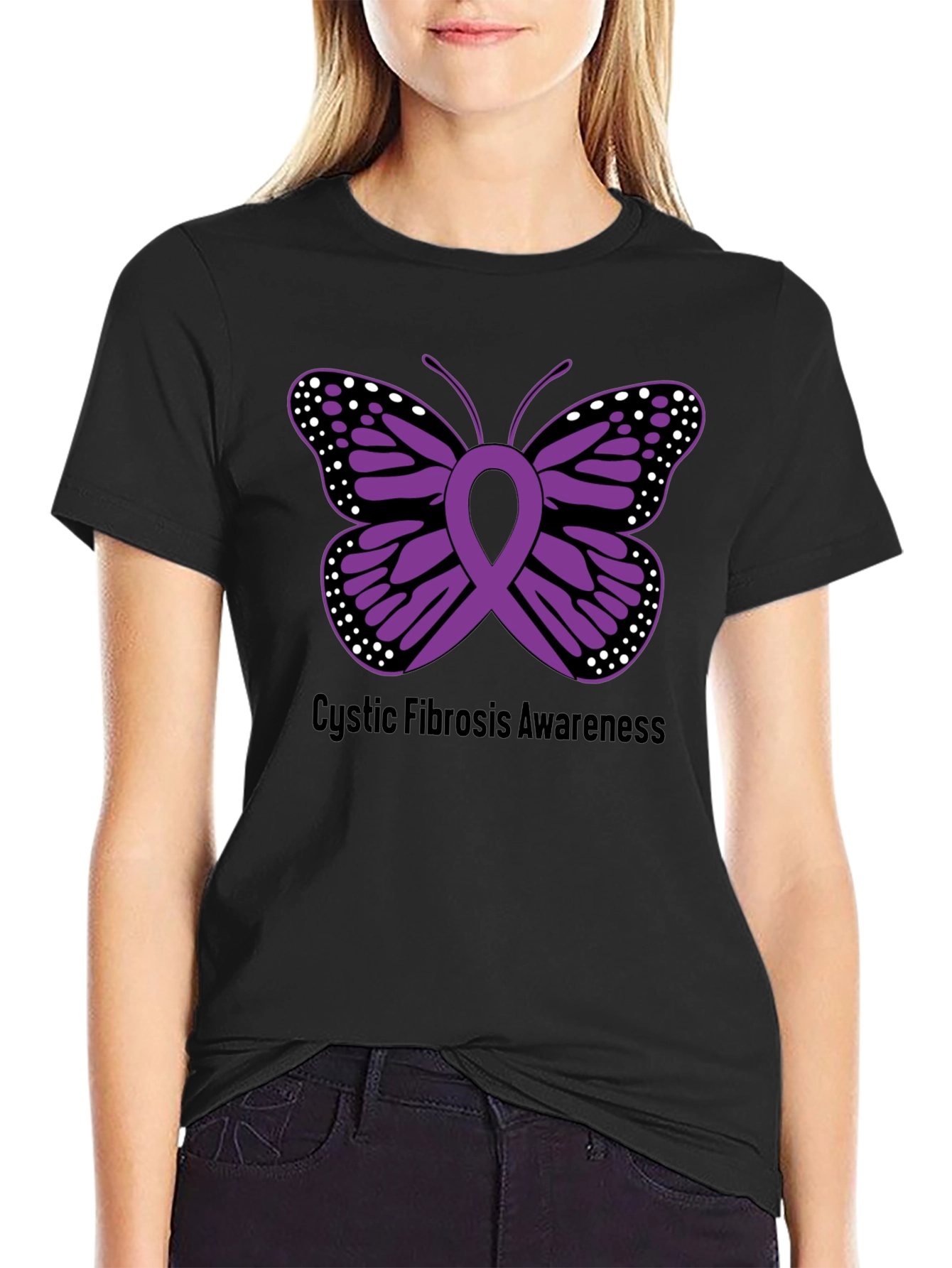 Black Cystic Fibrosis Awareness Butterfly Ribbon T-Shirt view 2