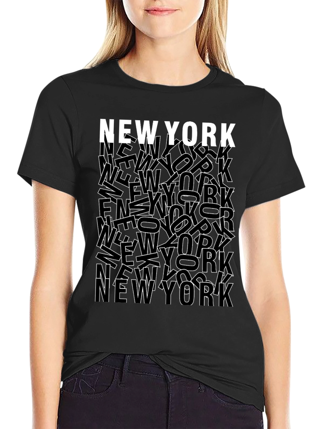 Black New York City Graphic Print Crew Neck T-Shirt view 2