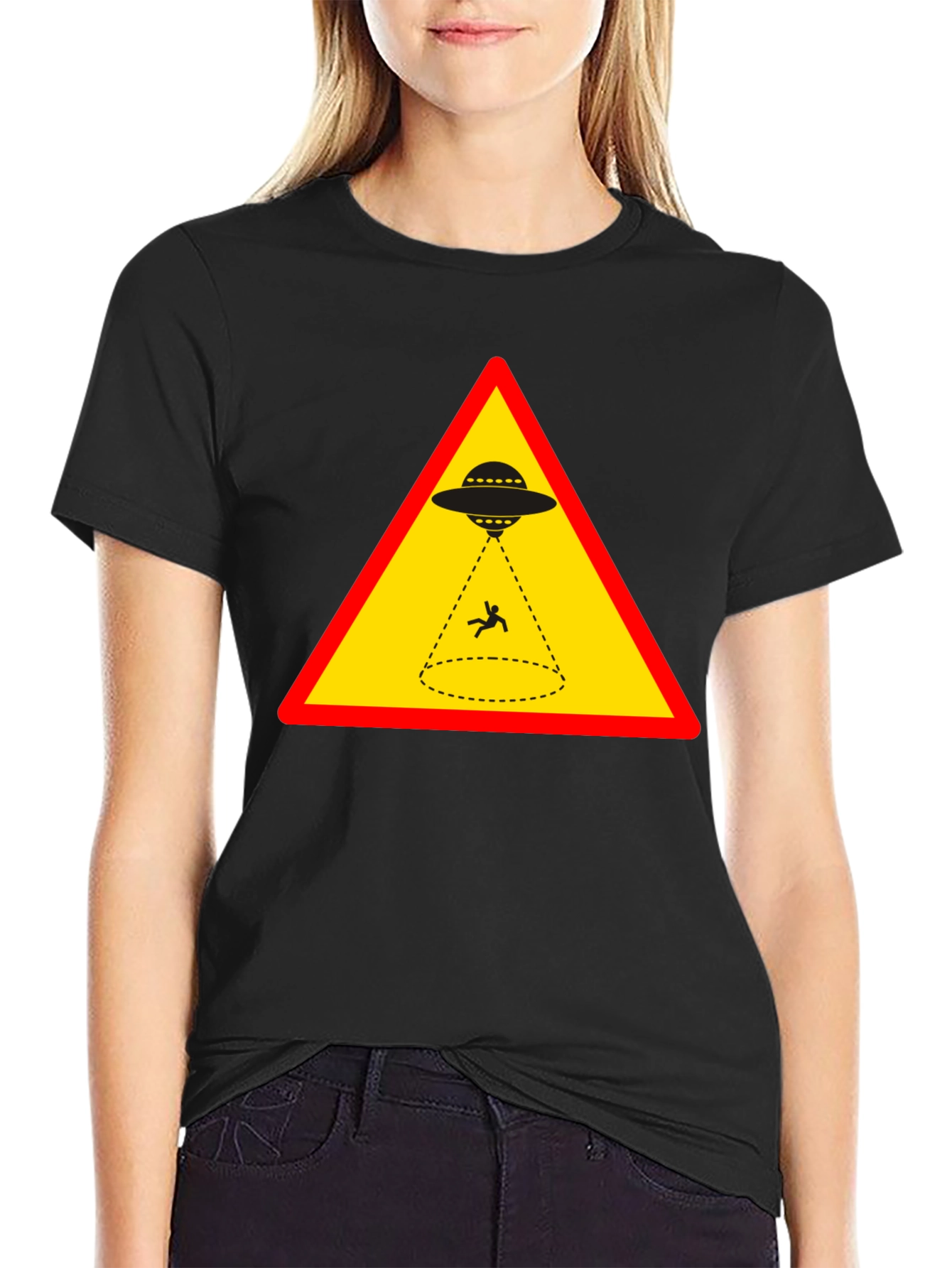Black Alien Abduction T-Shirt - Warning Sign Graphic view 2