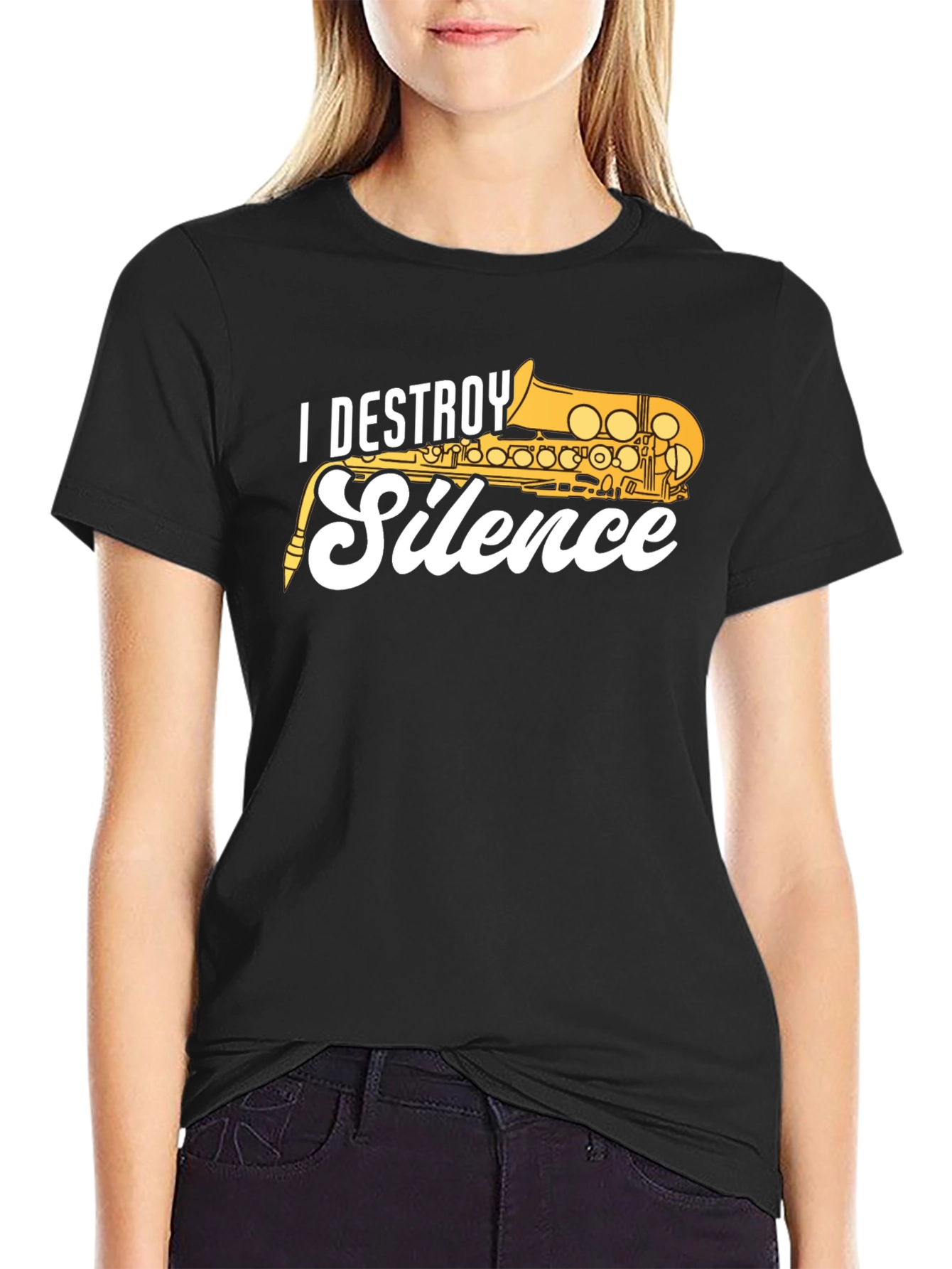 Black I Destroy Silence Saxophone T-Shirt view 2