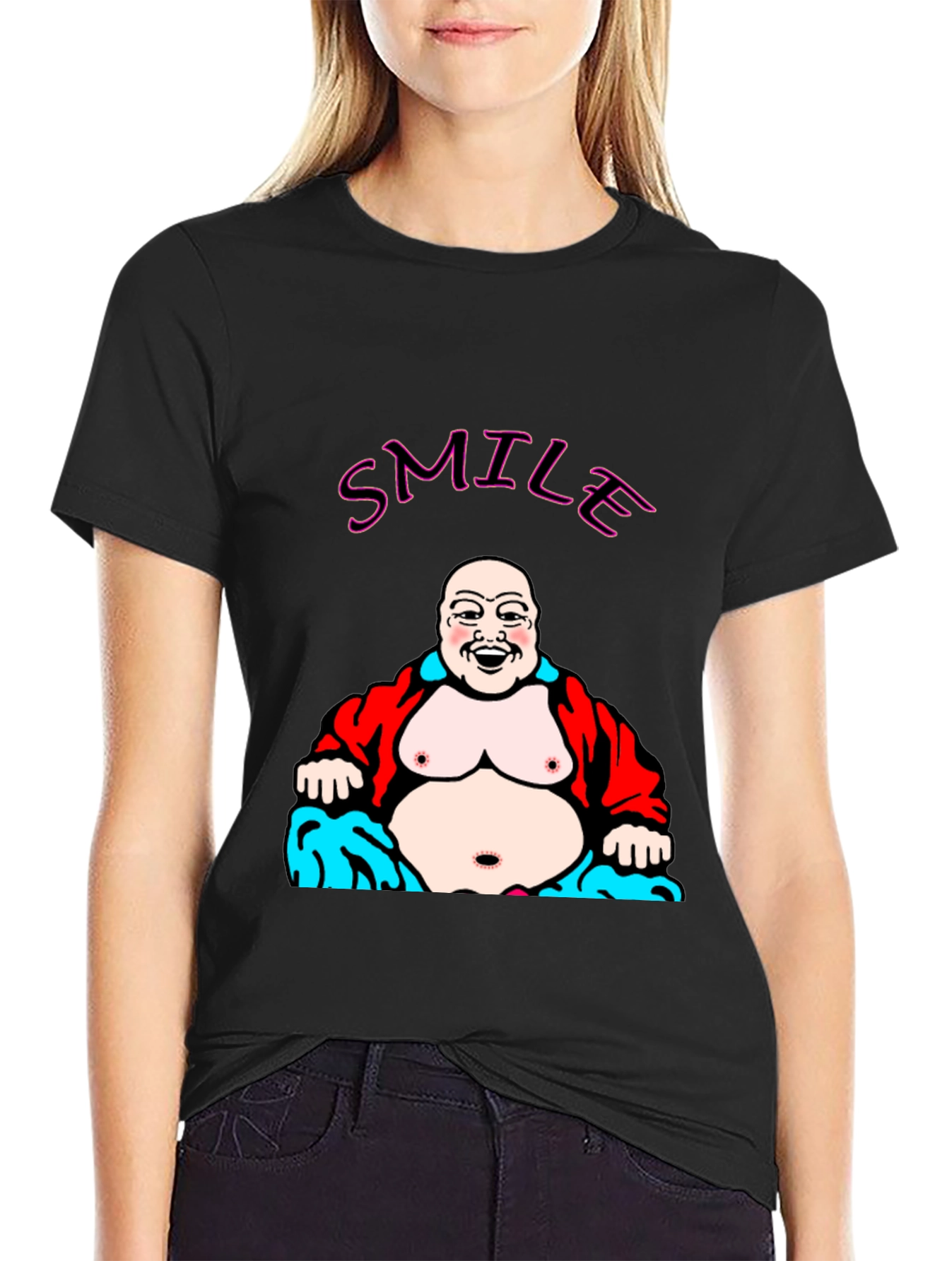 Black Smile Buddha Graphic Black T-Shirt view 2