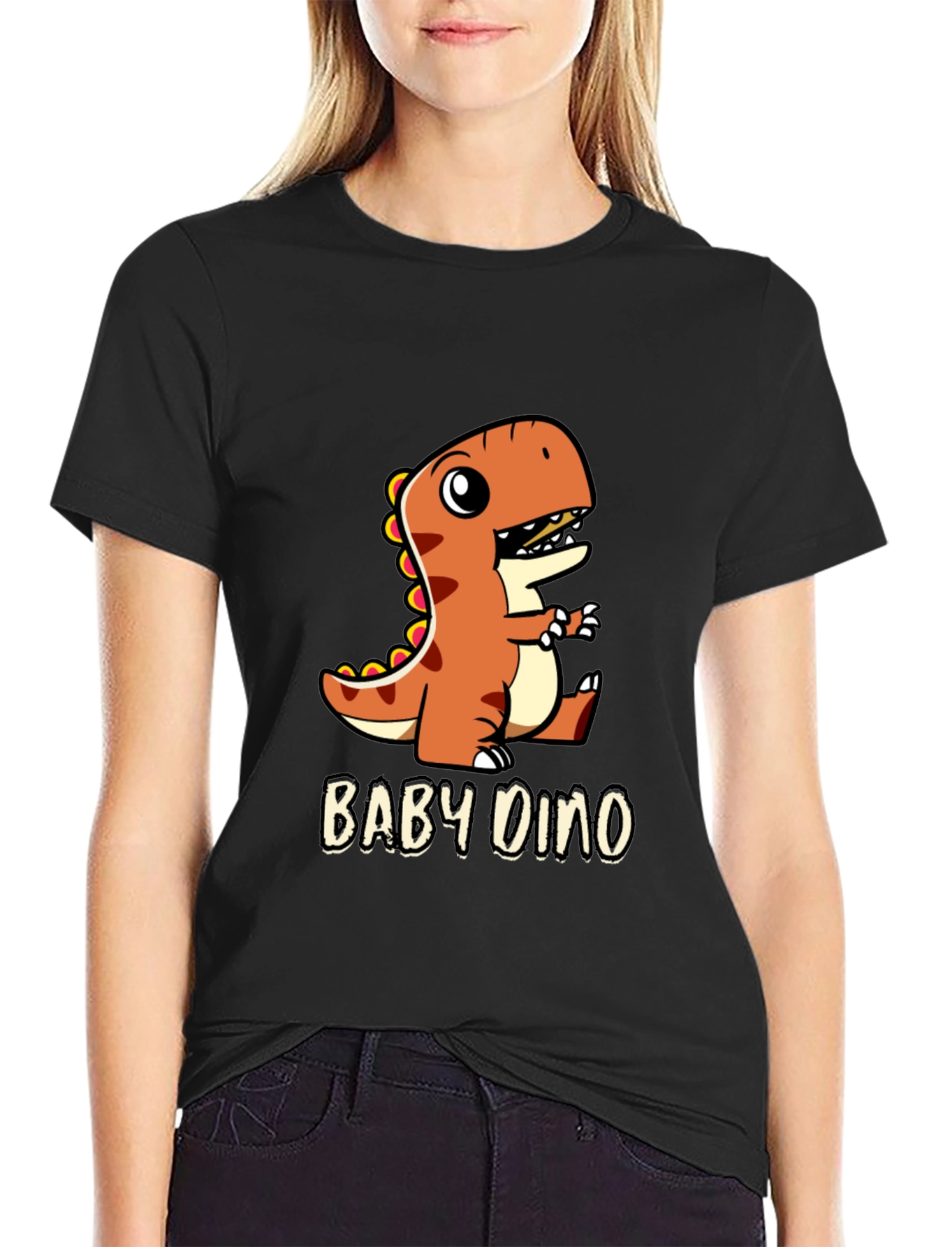 Black Cute Baby Dino Black T-Shirt view 2