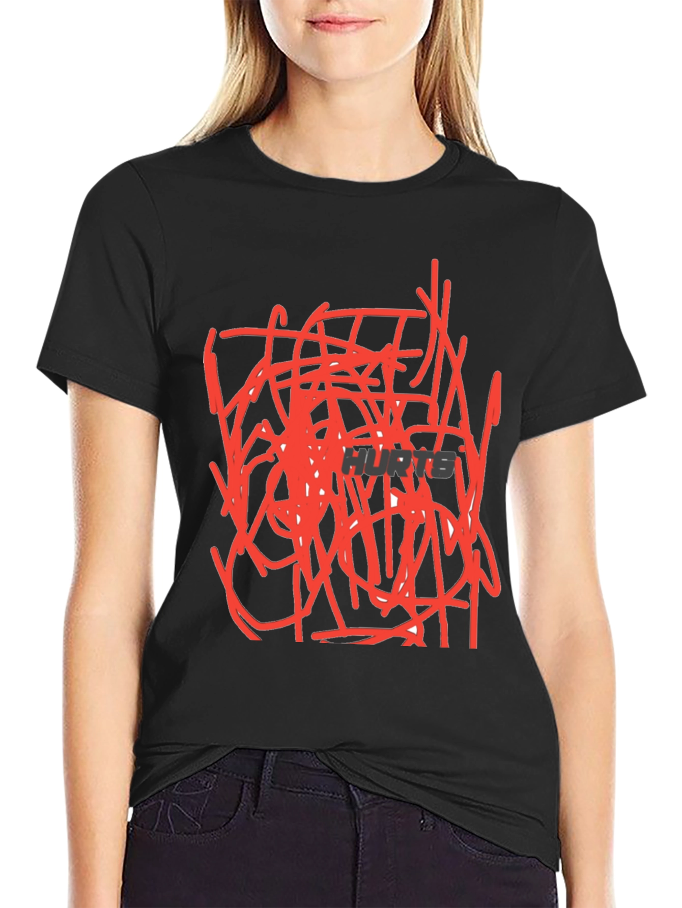 Black Abstract Red Scribble Design Black Cotton T-Shirt view 2
