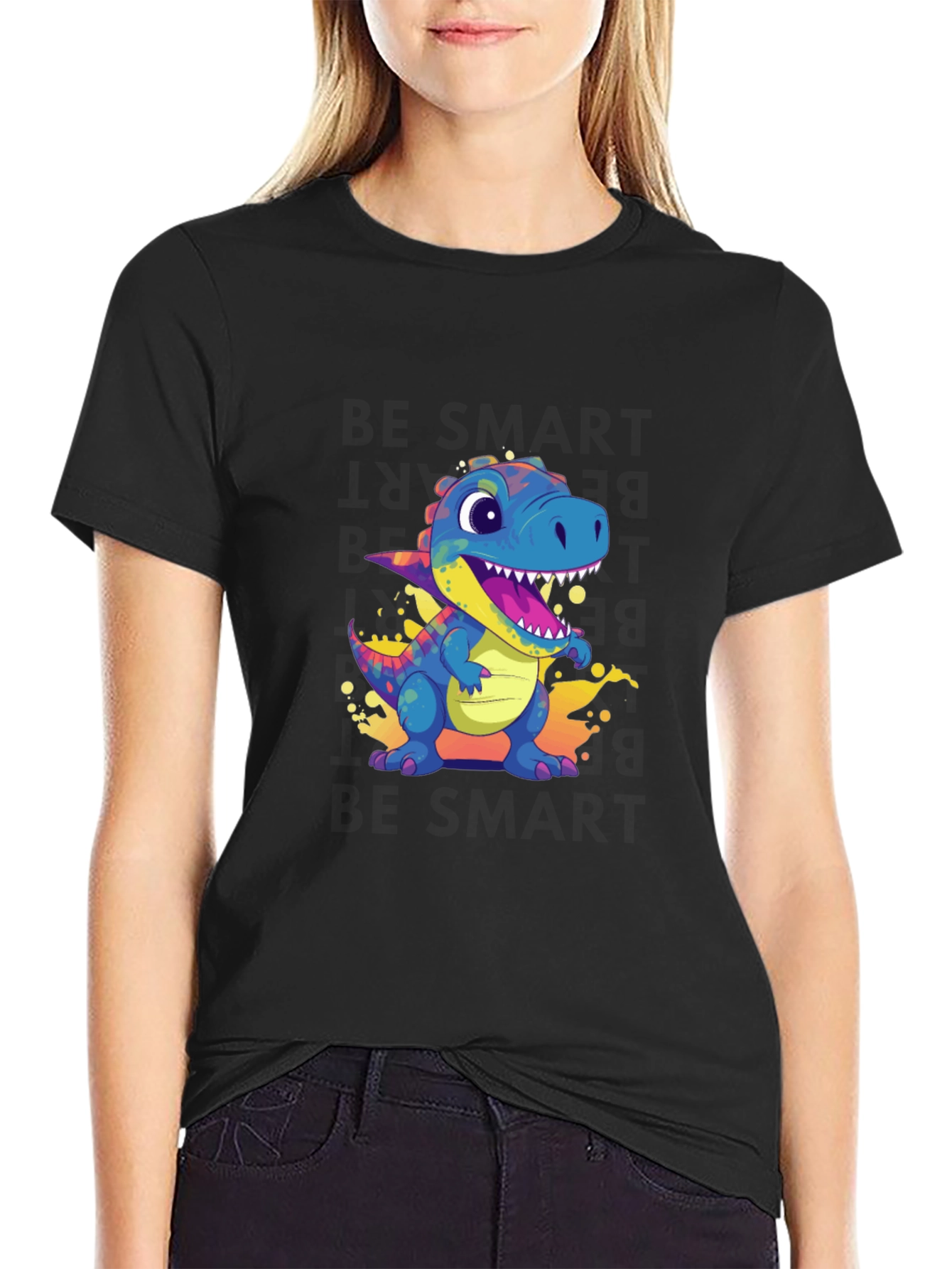 Black Cartoon Dinosaur Black T-Shirt view 2