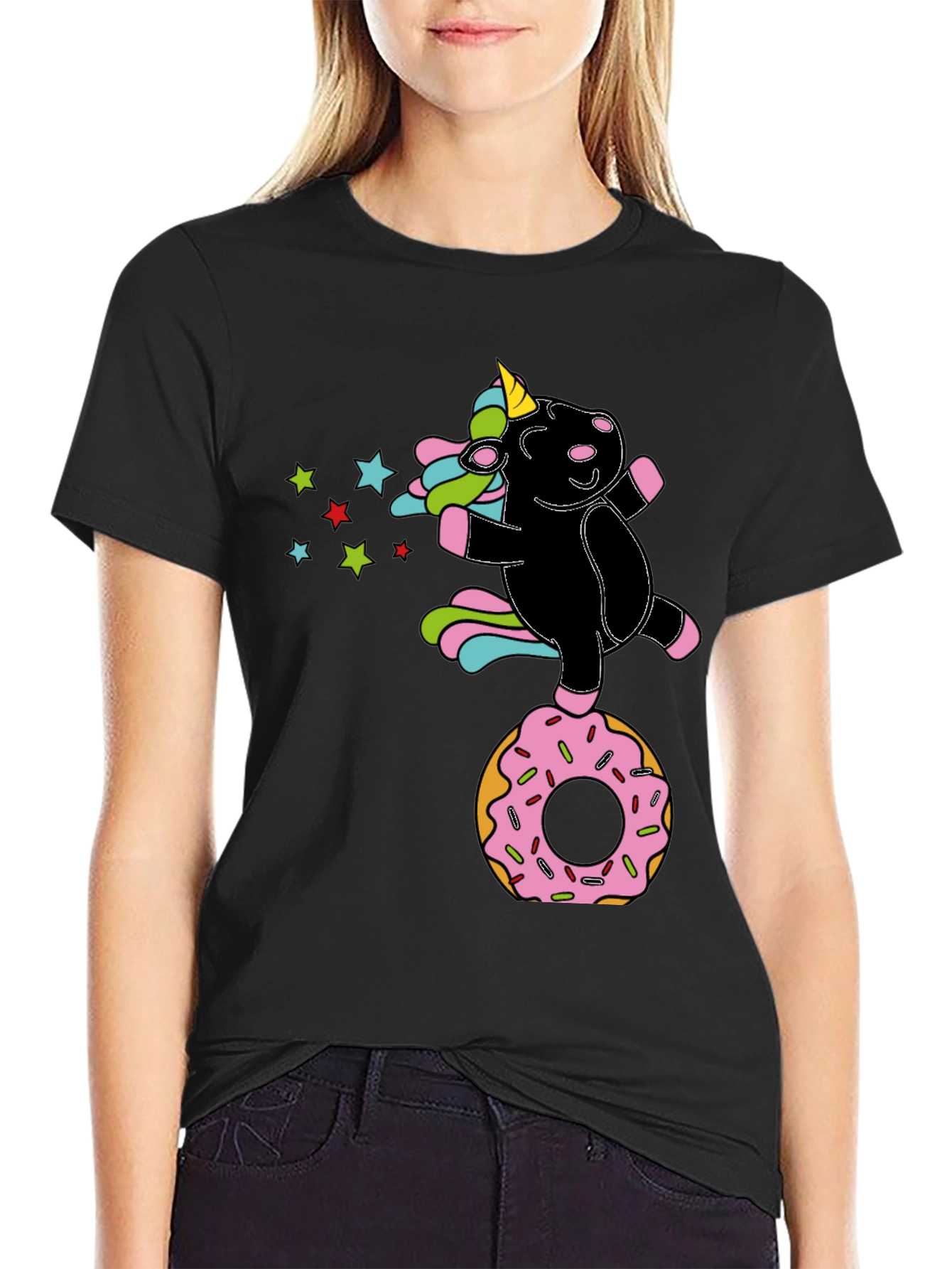 Black Unicorn Donut Black T-Shirt Fun Design view 2