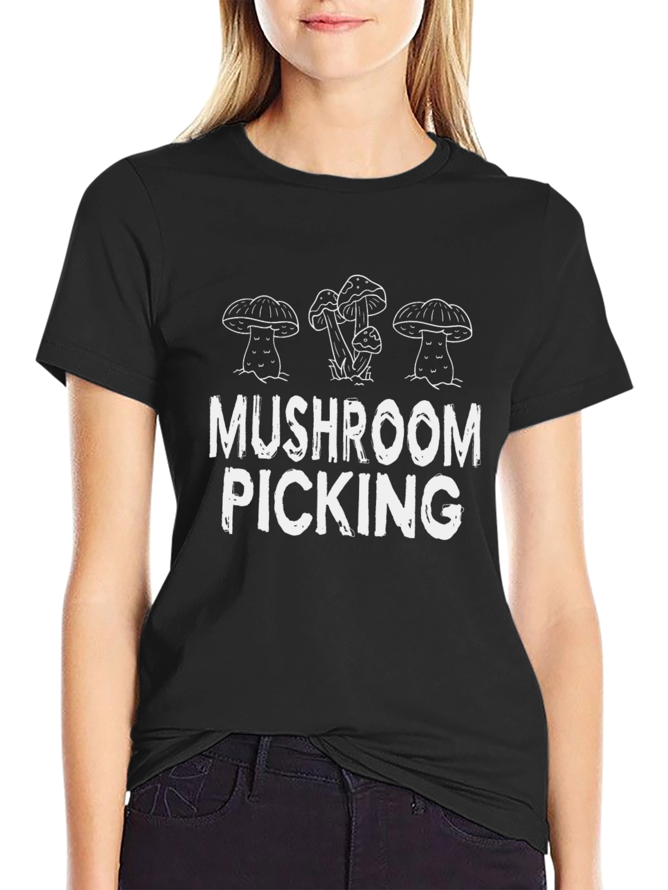 Black Mushroom Picking Graphic Tee - Black Cotton T-Shirt view 2