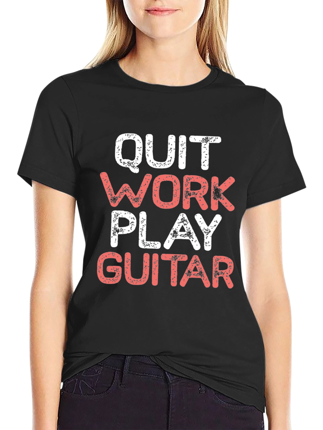 Black Quit Work Play Guitar Graphic Tee view 2
