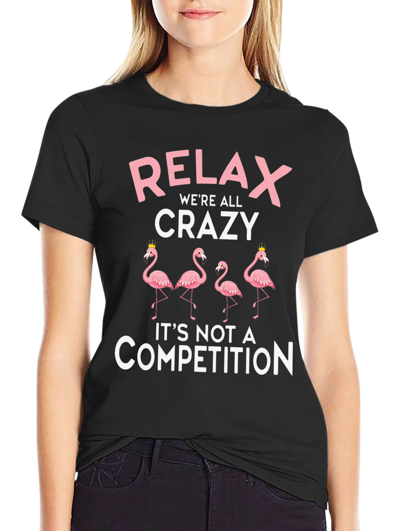 Black Relax We're All Crazy Flamingo Graphic Tee view 2