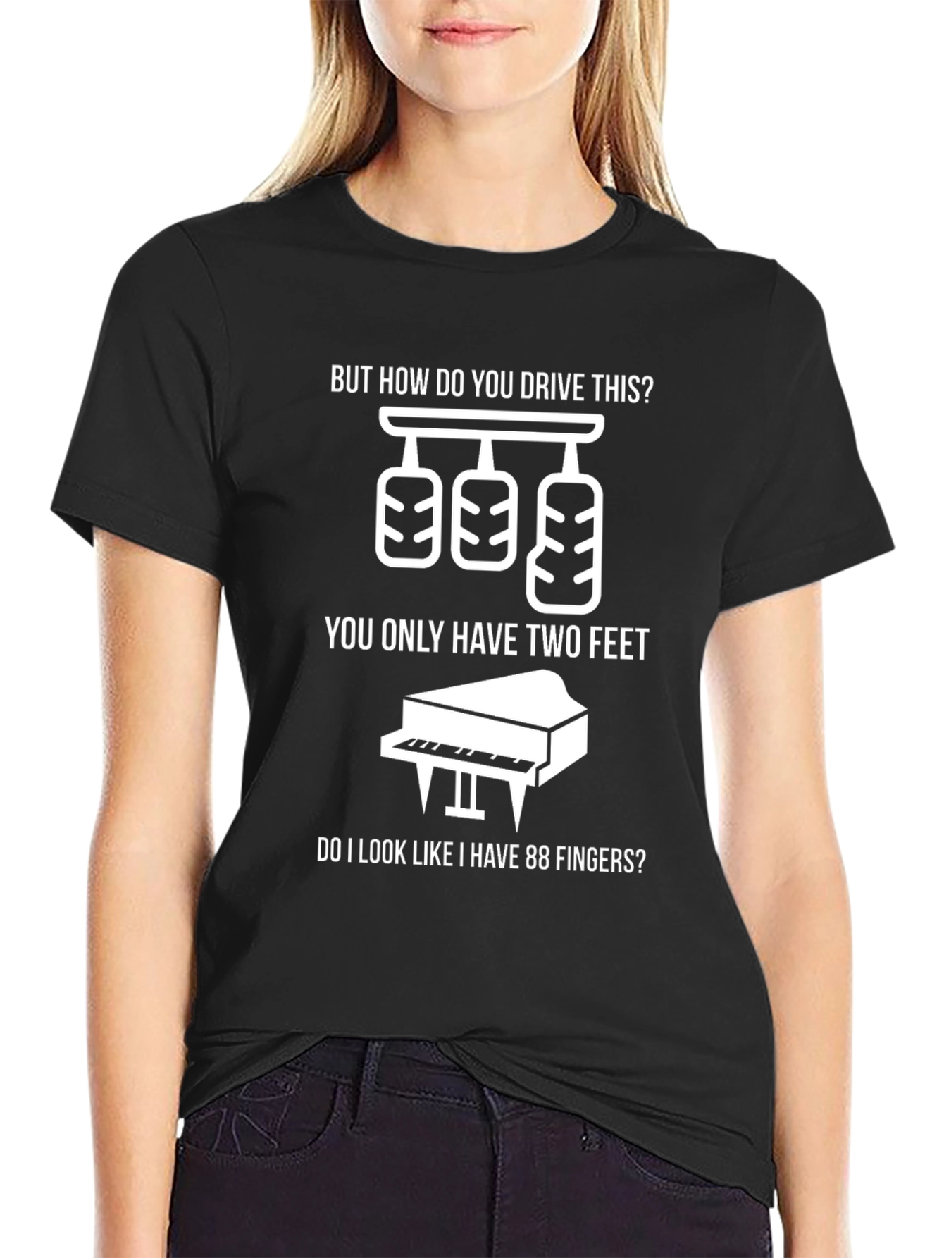 Black Funny Three Pedal Manual Car & Piano T-Shirt view 2