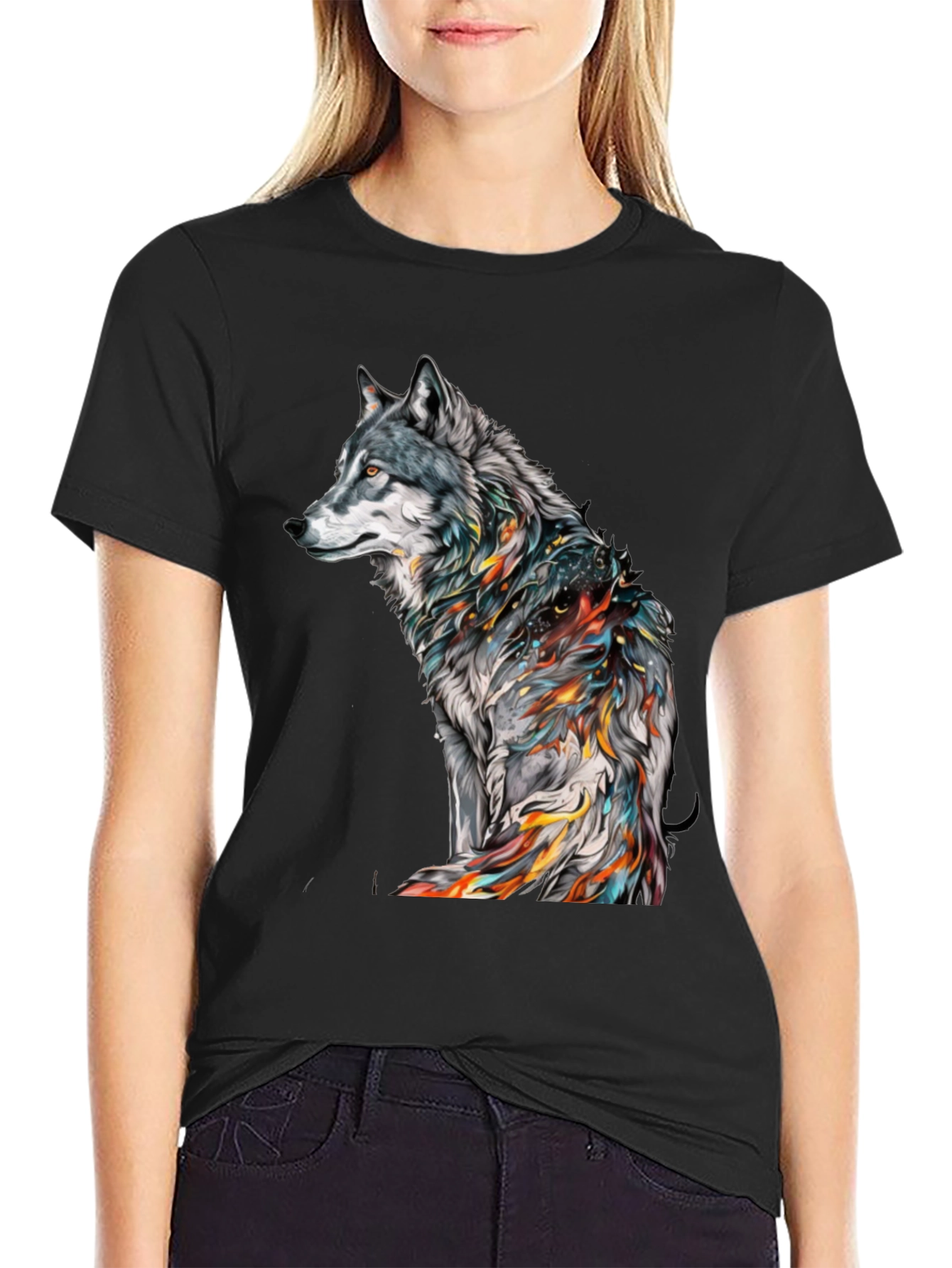 Black Wolf Graphic Print Black T-Shirt view 2