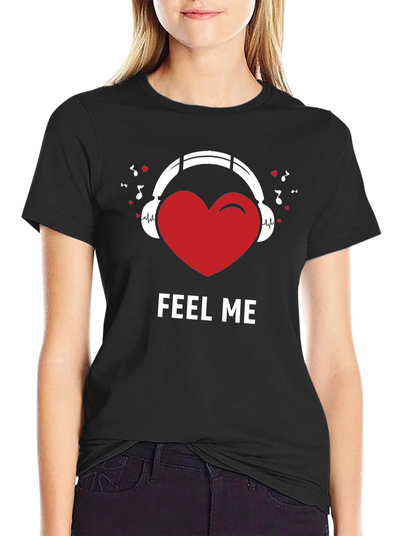 Black Feel Me Heart Headphones Graphic Tee view 2