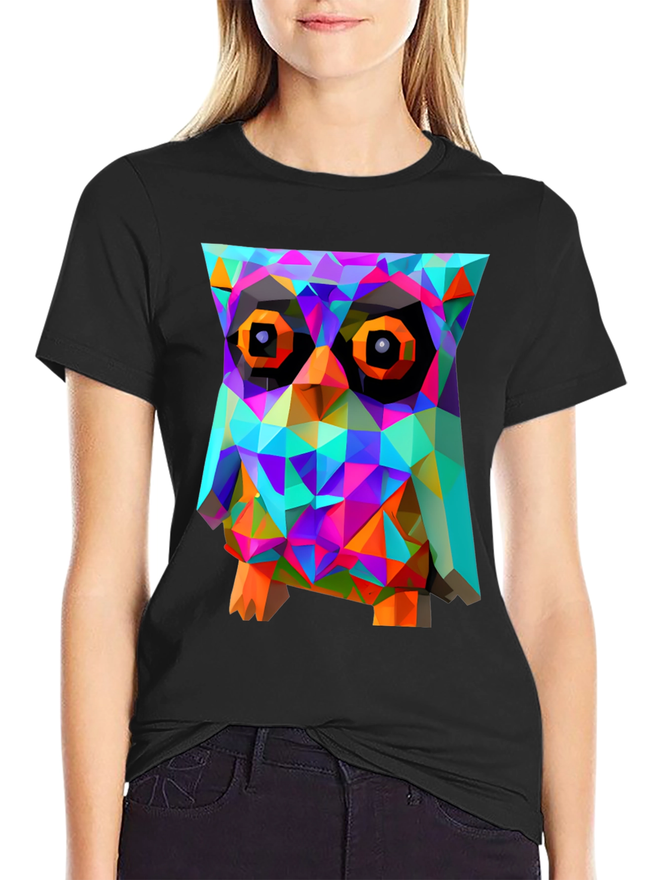 Black Geometric Owl Graphic Print T-Shirt - Black view 2