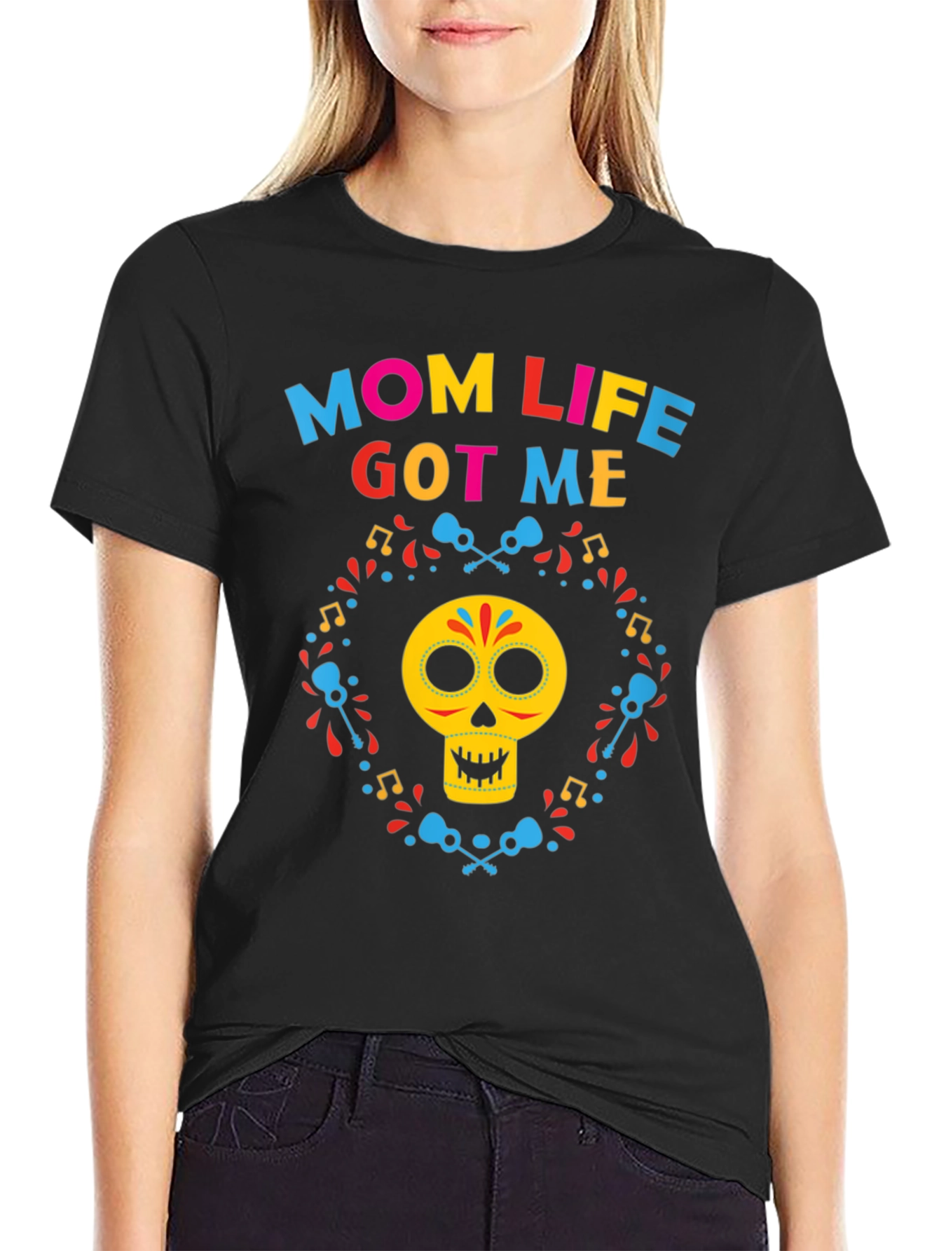 Black Mom Life Got Me Day of the Dead T-Shirt view 2