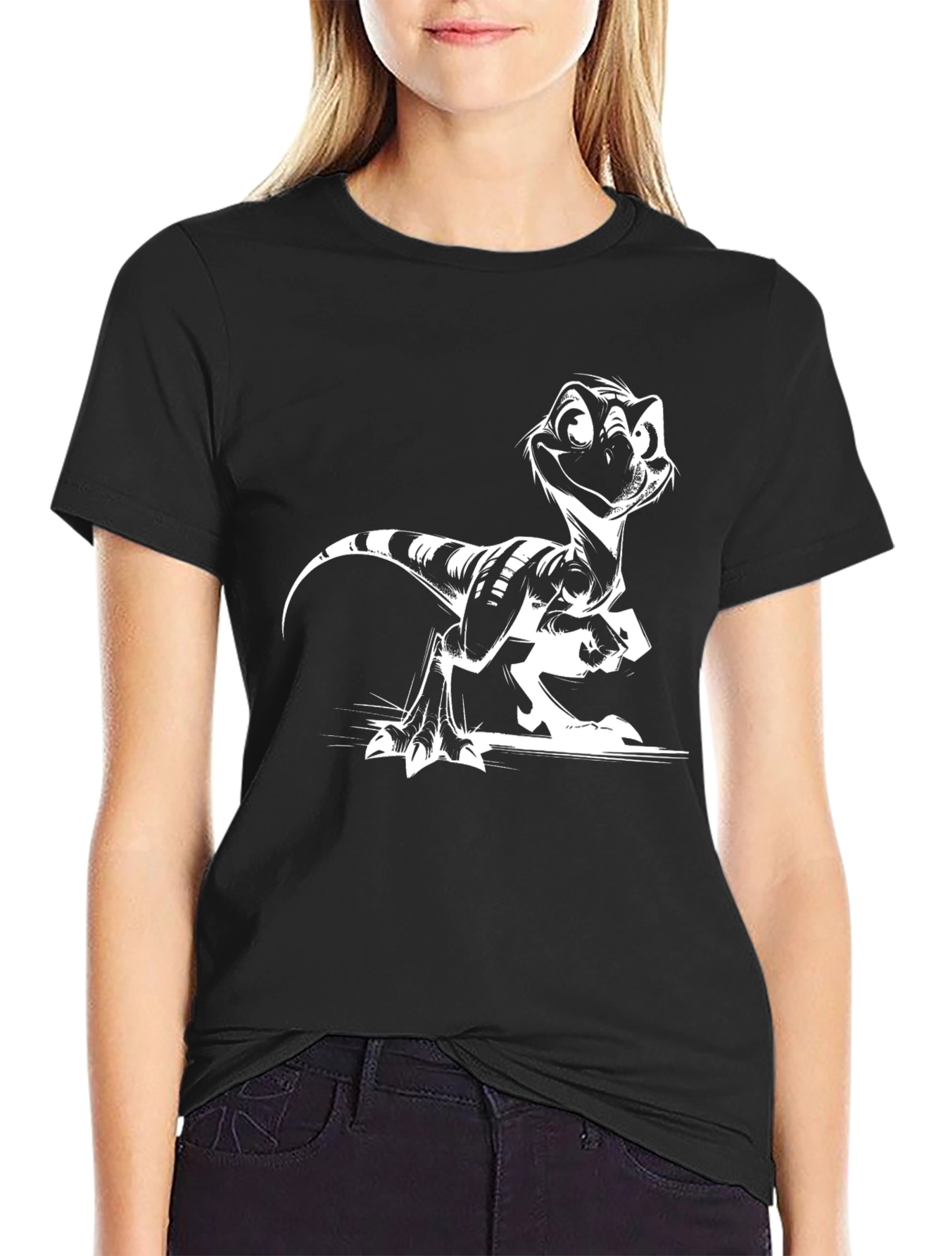 Black Cartoon Raptor Graphic Tee - Cool Black Shirt view 2