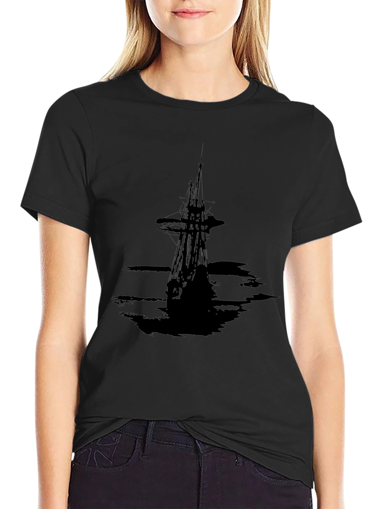 Men's Black T-Shirt with Pirate Ship Graphic - 2