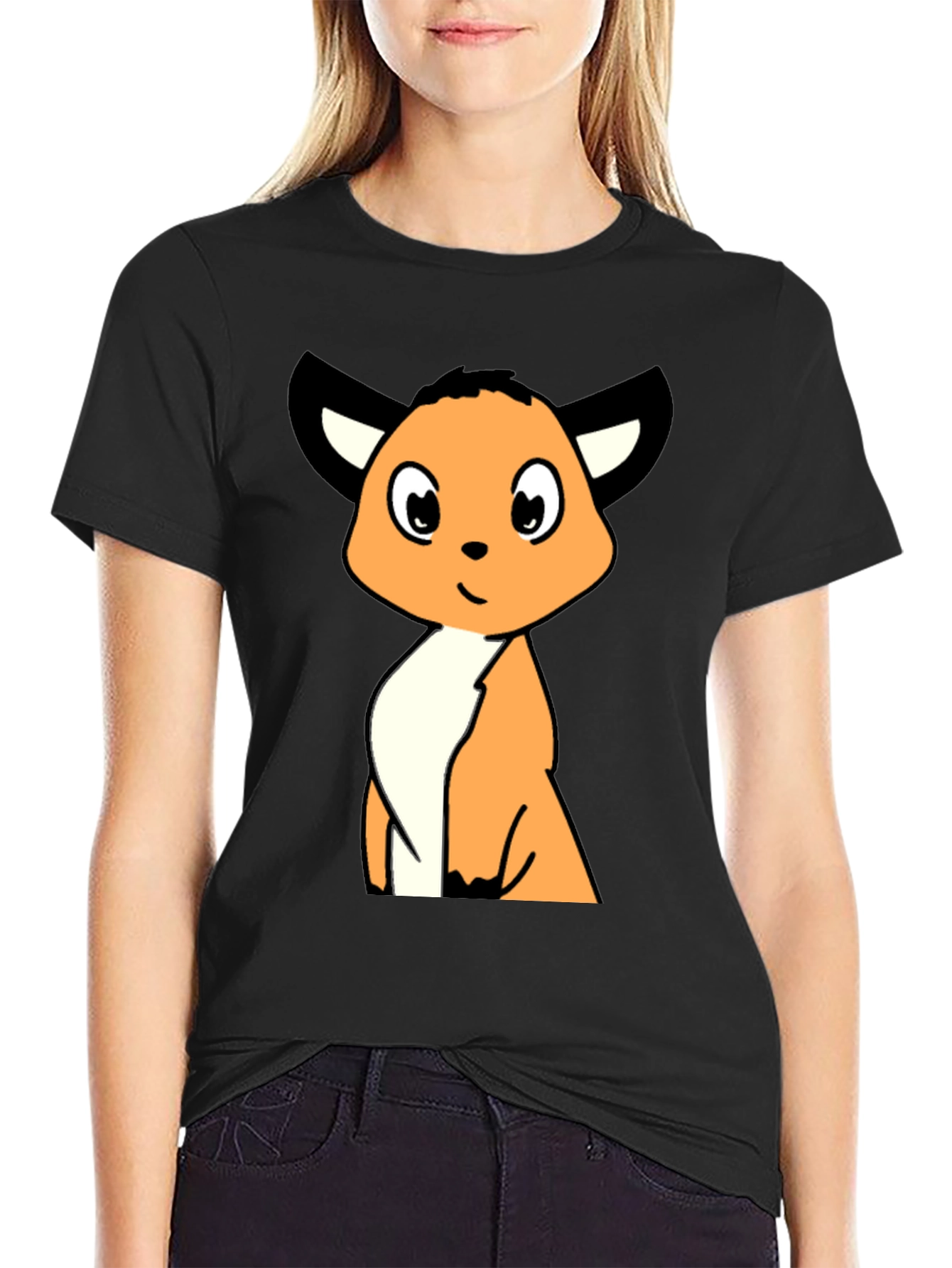 Black Cartoon Fox Graphic Tee - Black Casual T-Shirt view 2