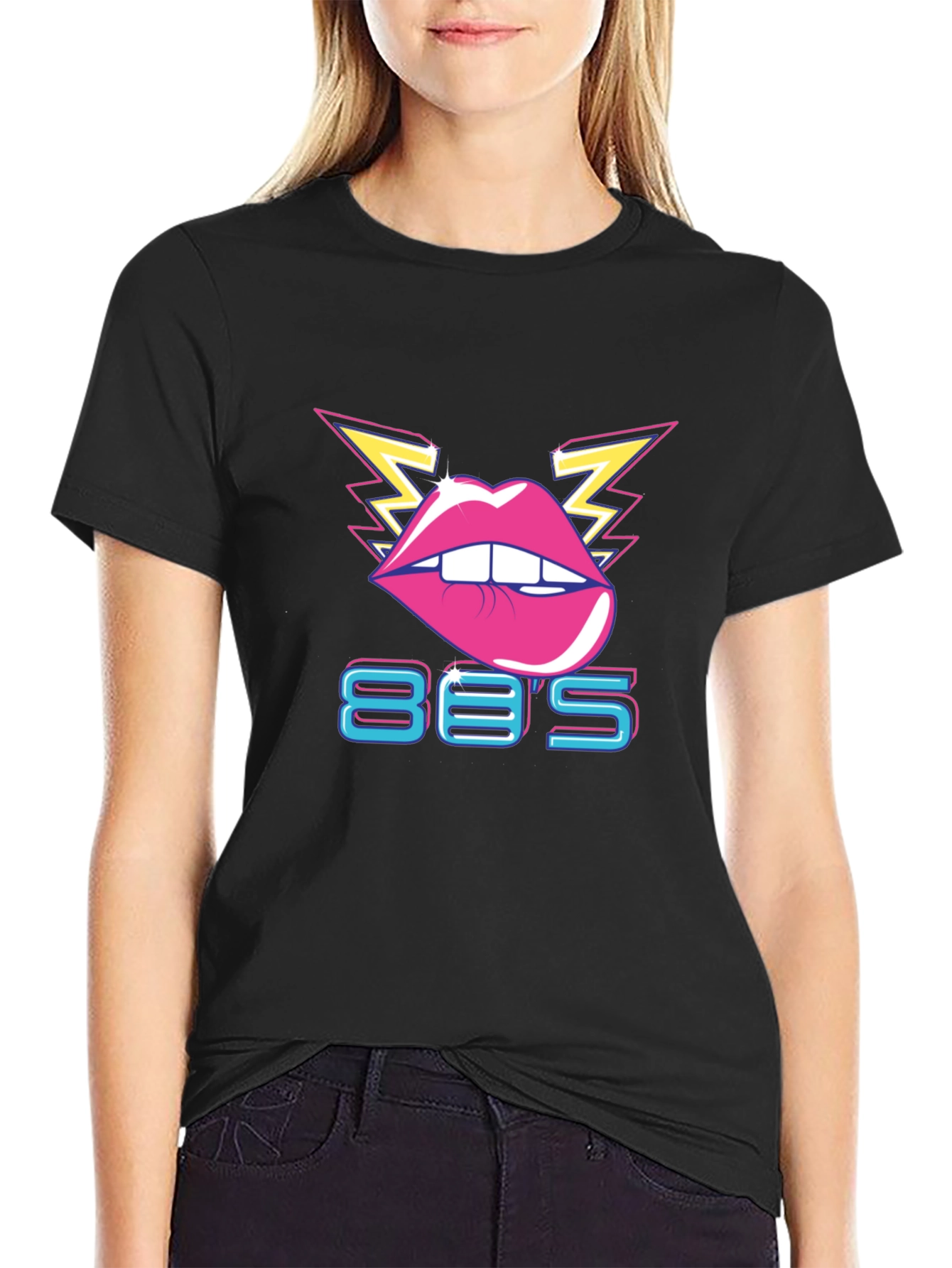 Black Retro 80's Lips Graphic T-Shirt view 2