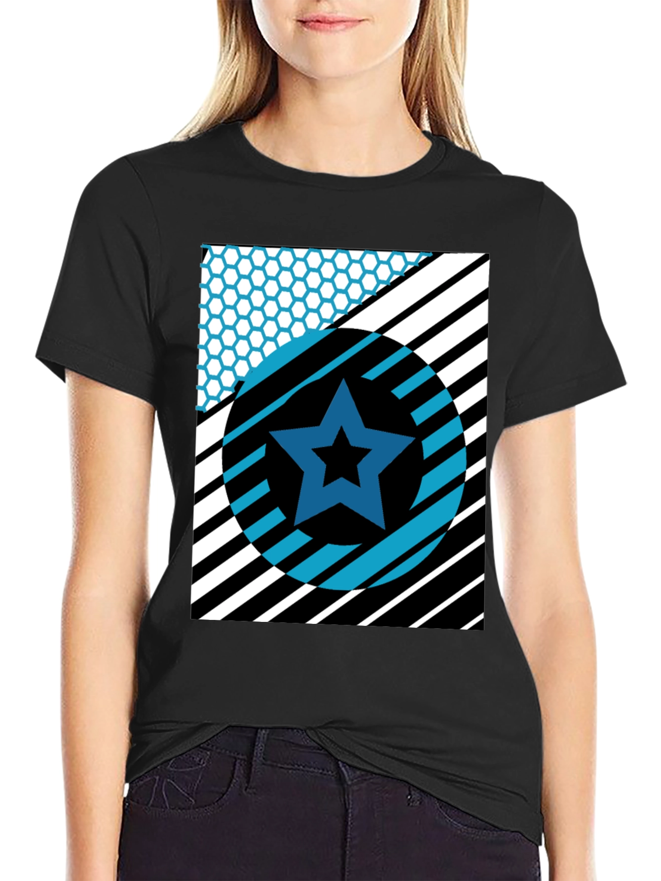Black Geometric Star Graphic Tee - Black Cotton T-Shirt view 2
