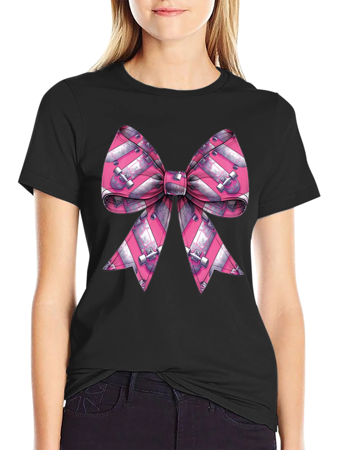 Black Skateboard Bow Graphic Tee - Black Cotton Blend view 2