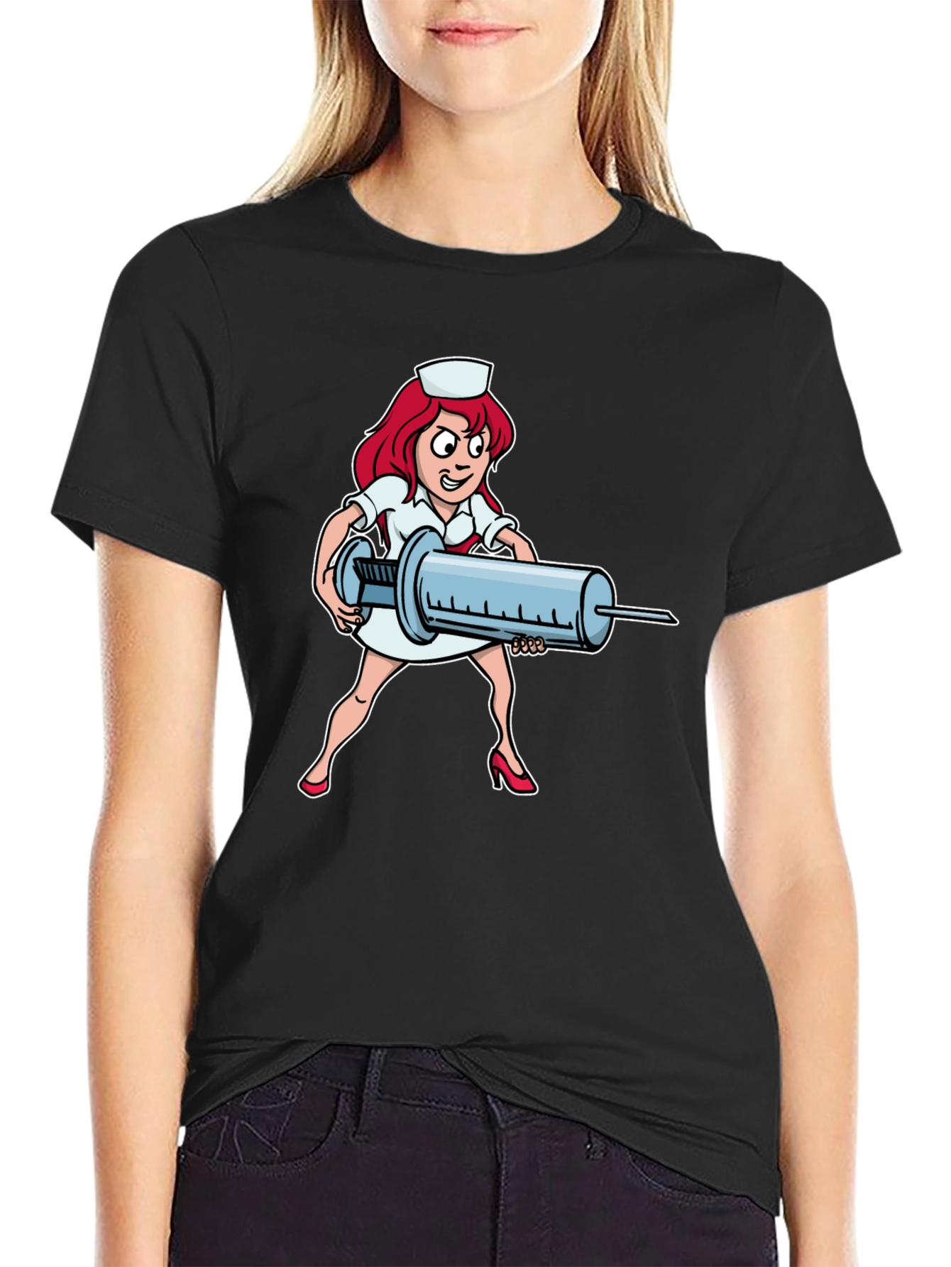 Black Cartoon Nurse Graphic T-Shirt view 2