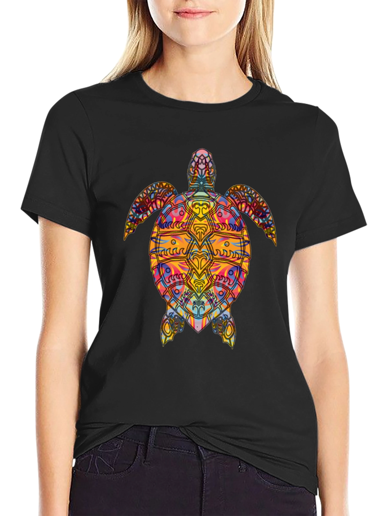 Black Colorful Turtle Graphic Black T-Shirt view 2