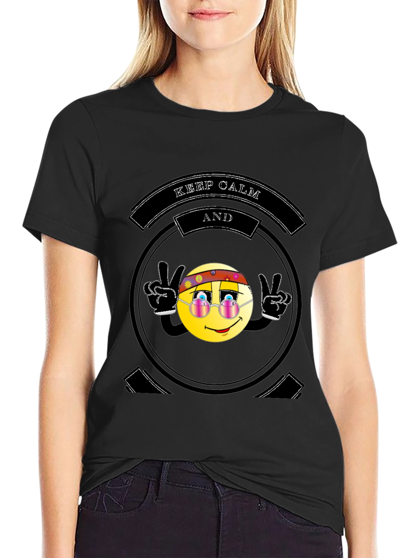 Black Keep Calm Hippie Emoji Black T-Shirt view 2