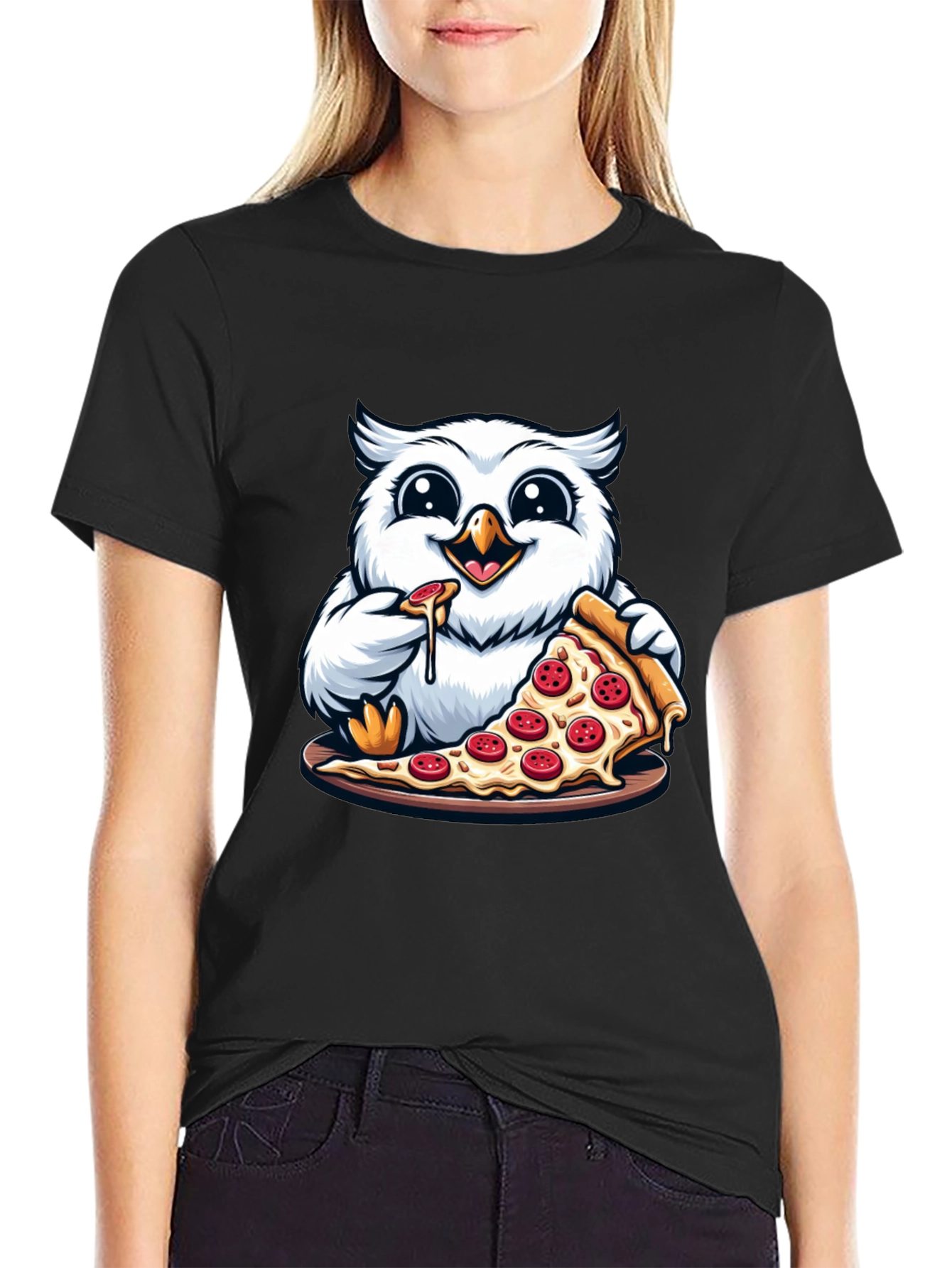 Black Owl Pizza Lover T-Shirt - Cute Cartoon Graphic Tee view 2