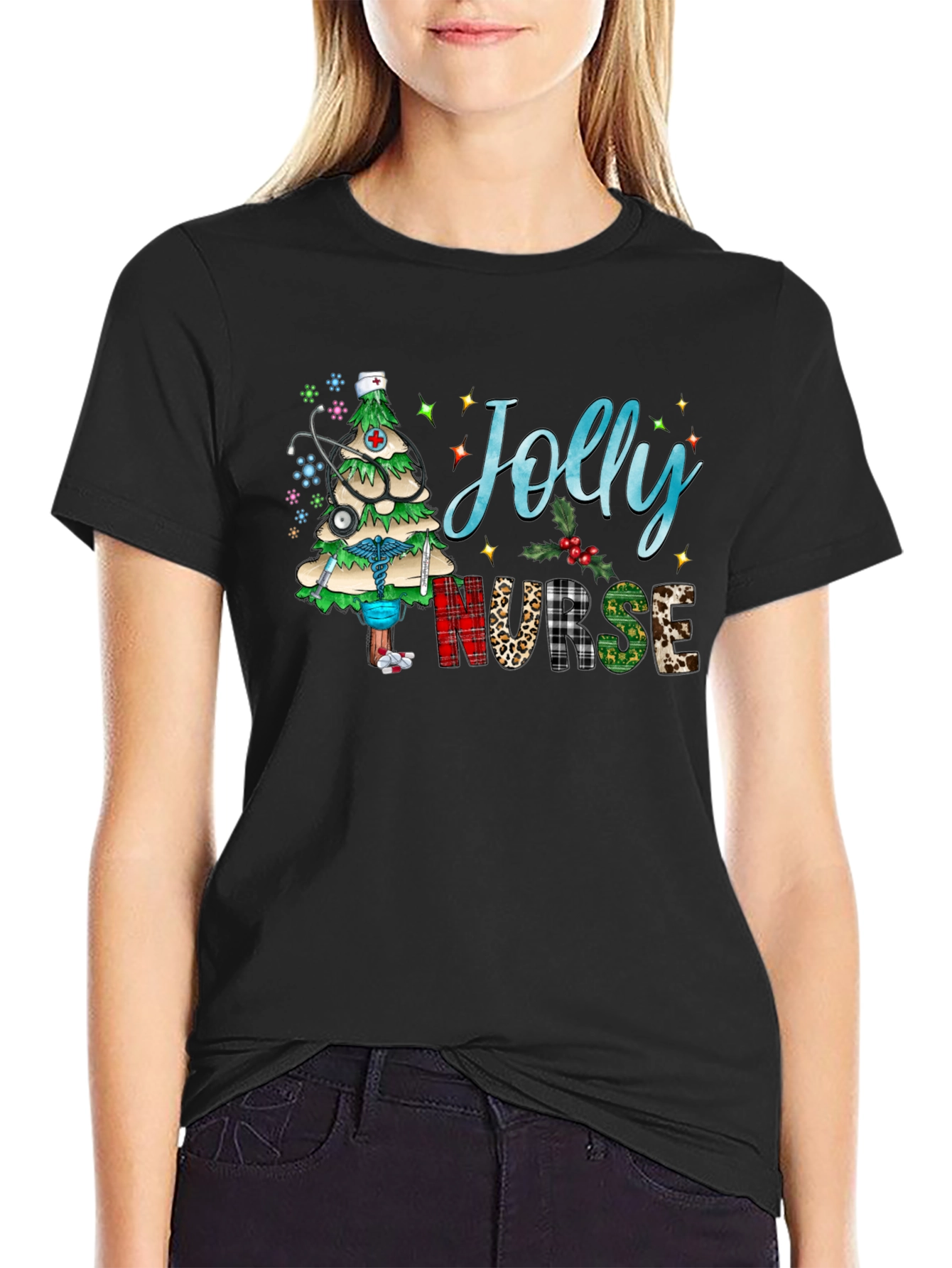 Black Jolly Nurse Holiday T-Shirt view 2
