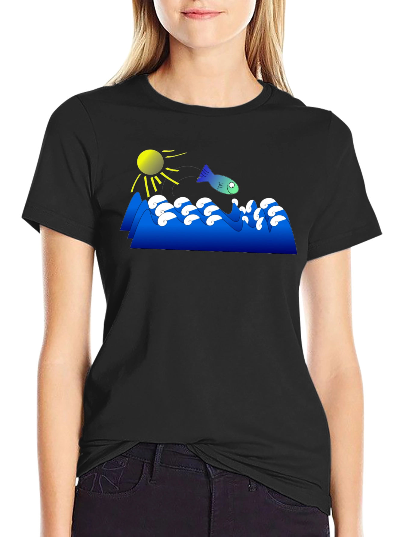 Black Cartoon Fish Jumping Waves Graphic Black T-Shirt view 2