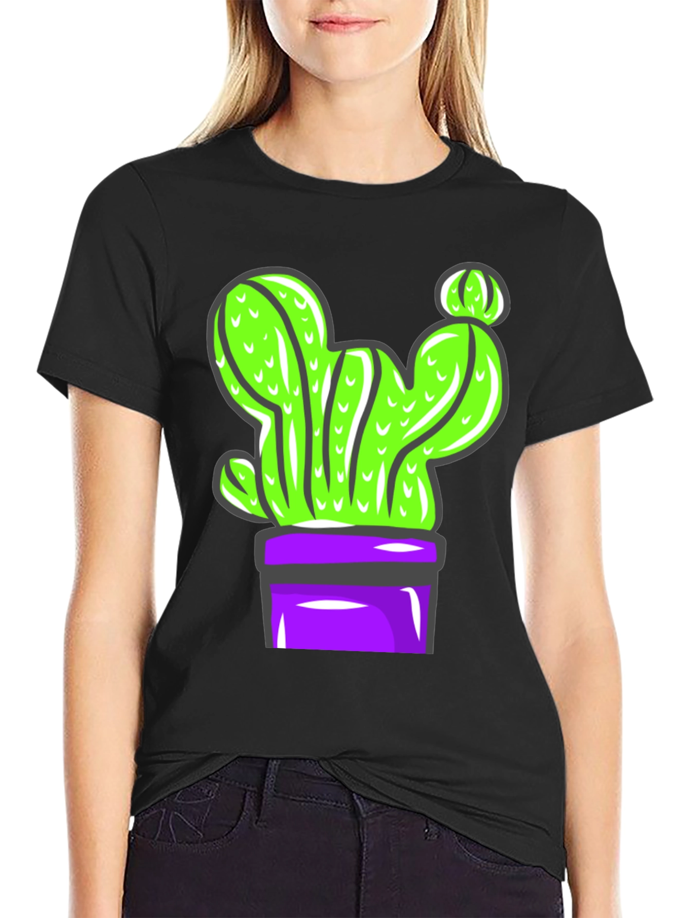Black Cactus Graphic Tee - Potted Plant Design view 2
