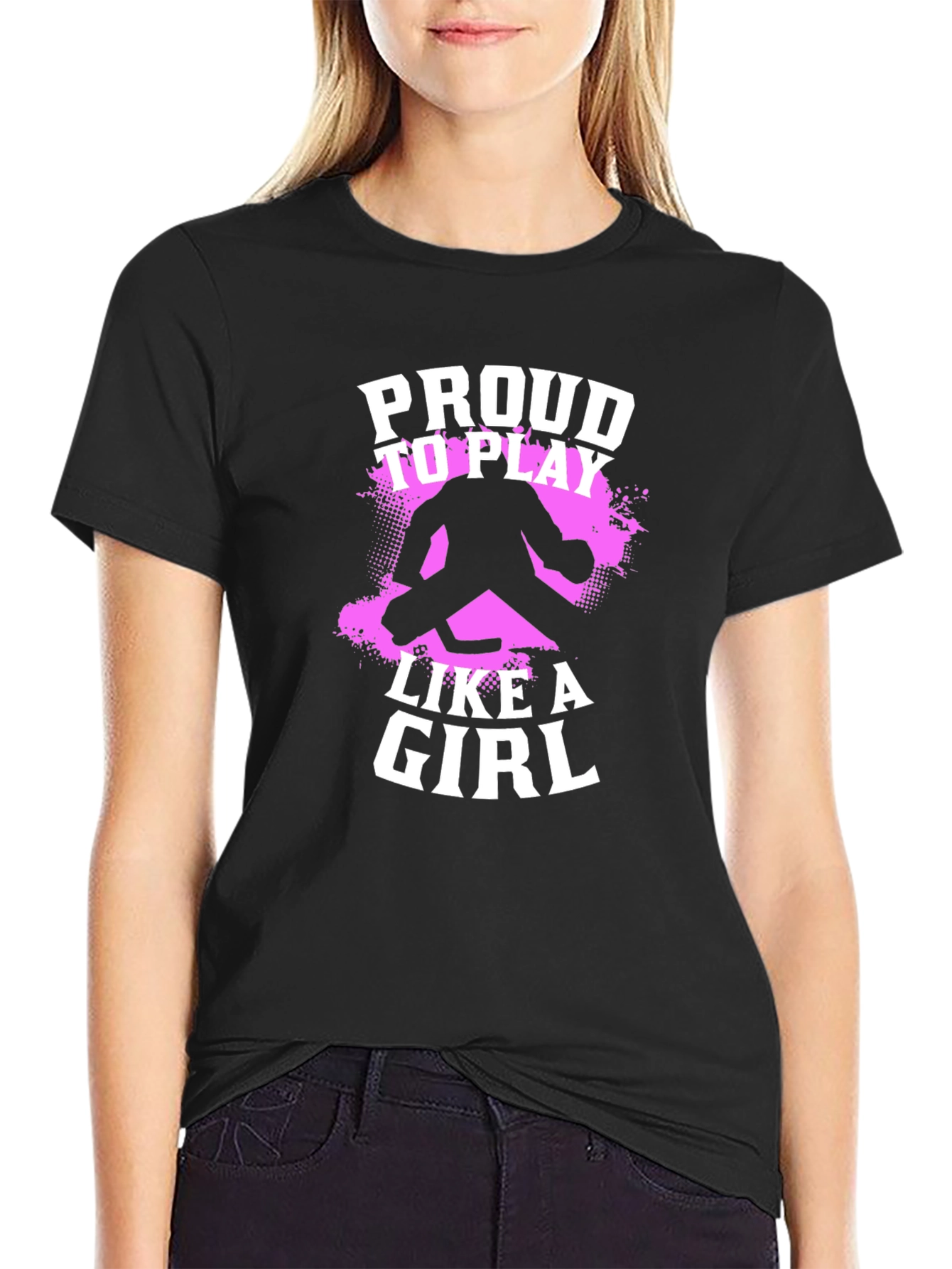 Black Proud to Play Like a Girl Hockey Graphic T-Shirt view 2