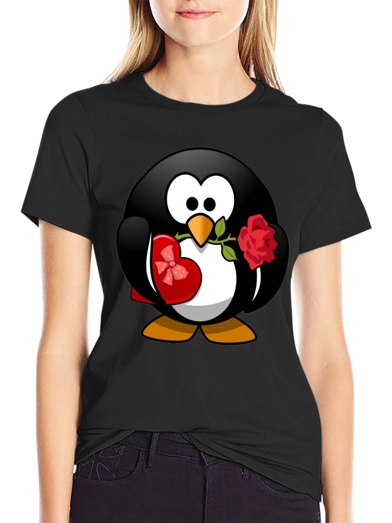 Black Penguin Love T-Shirt - Valentine's Day Gift view 2