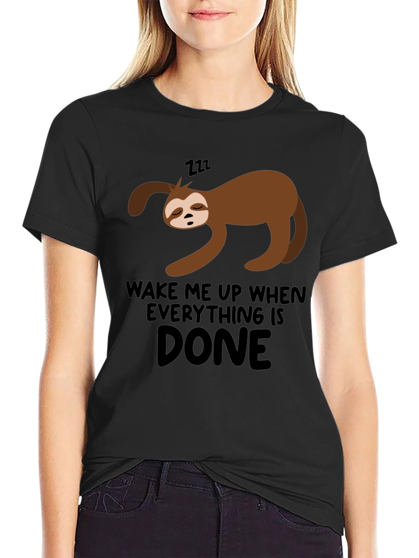 Black Lazy Sloth 'Wake Me Up When Done' Black T-Shirt view 2