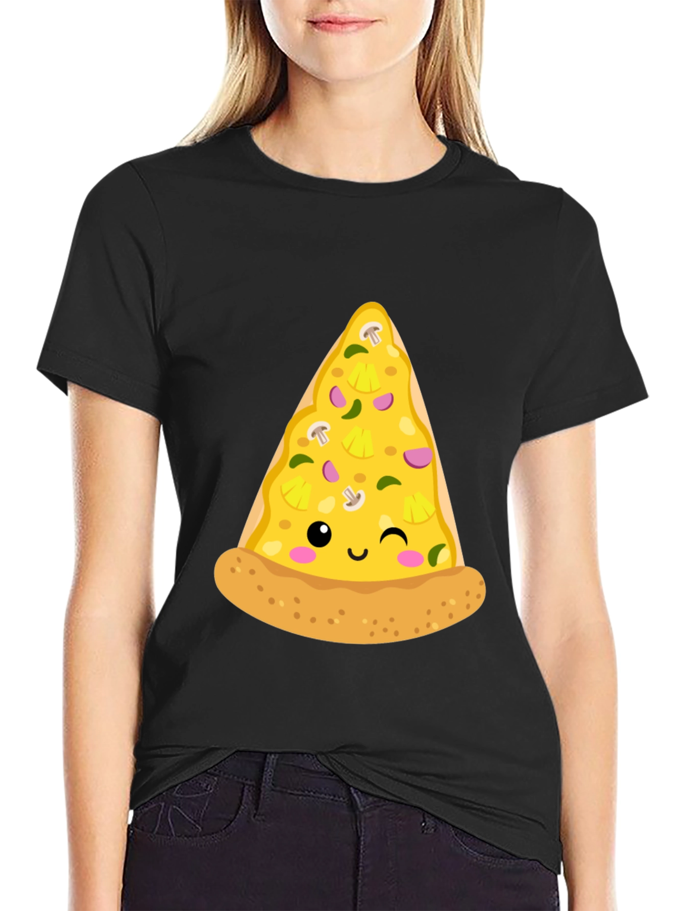 Black Pizza Slice Graphic Tee - Casual Black T-Shirt view 2
