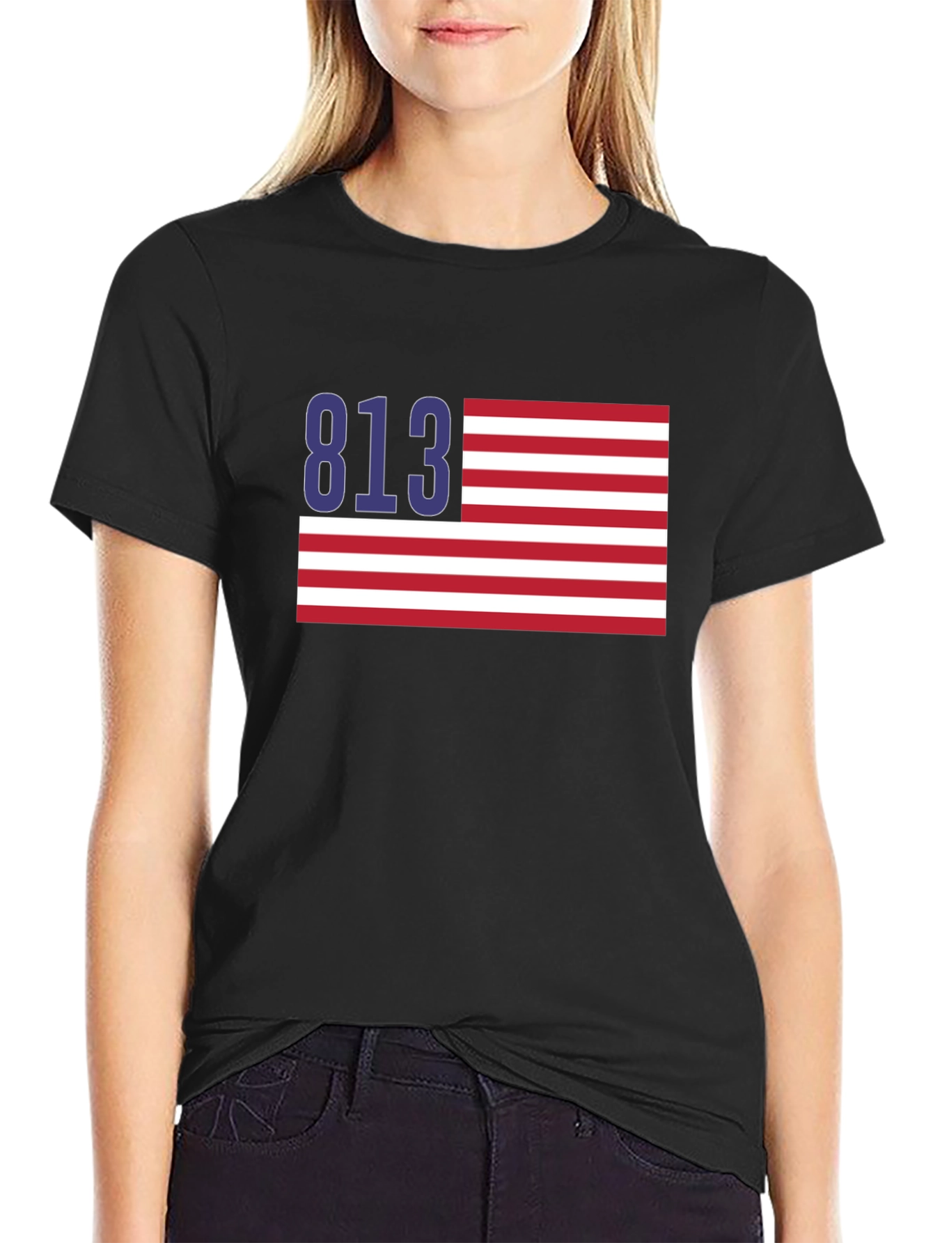 Black 813 Tampa Area Code American Flag T-Shirt view 2