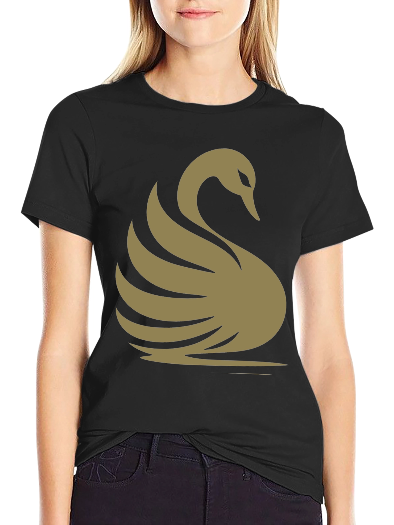 Black Elegant Swan Graphic Tee - Classic Black Cotton T-Shirt view 2