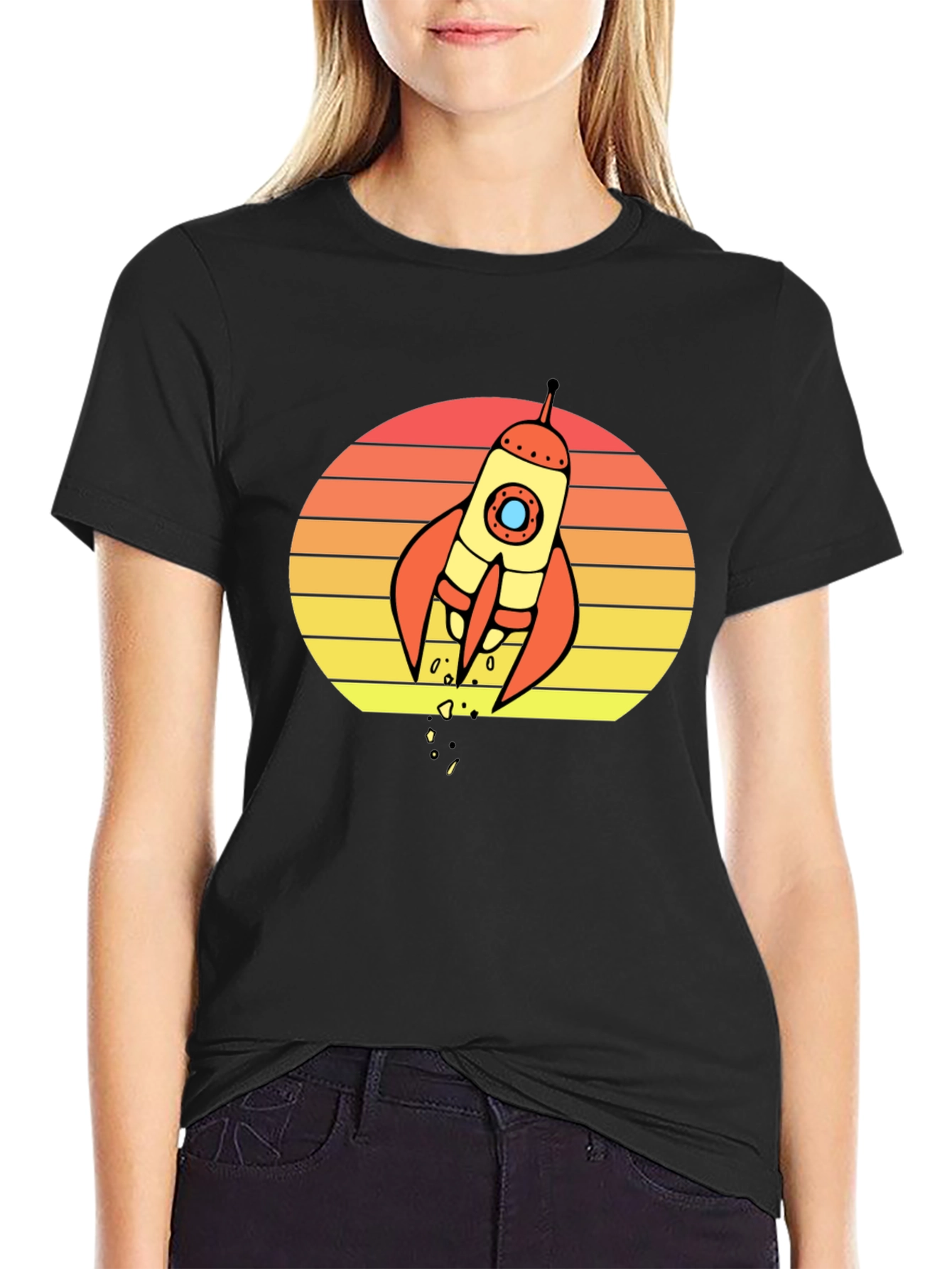 Black Retro Rocket Sunset Graphic T-Shirt - Space Lover Tee view 2