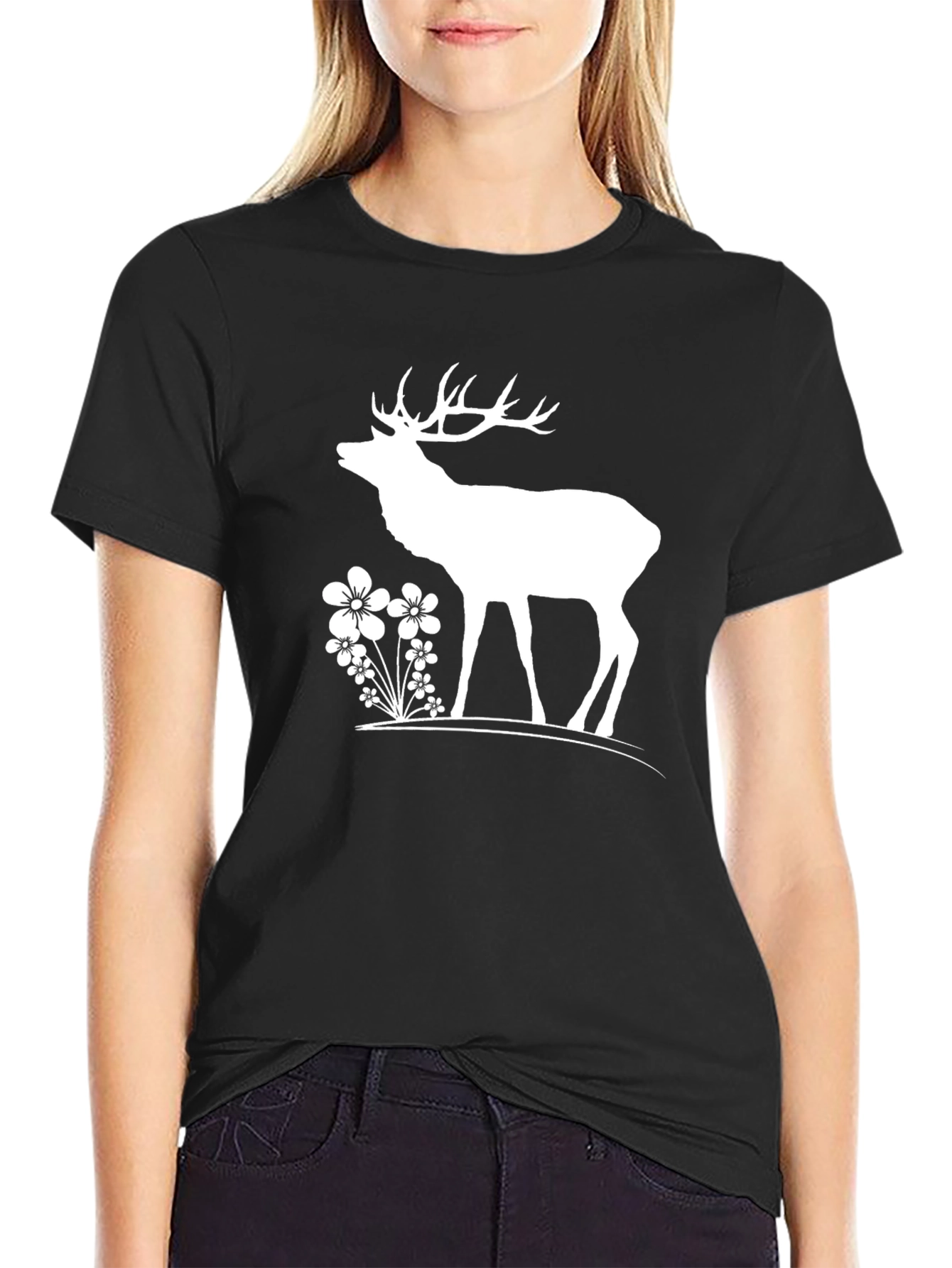 Black Deer & Flowers Graphic T-Shirt - Black view 2
