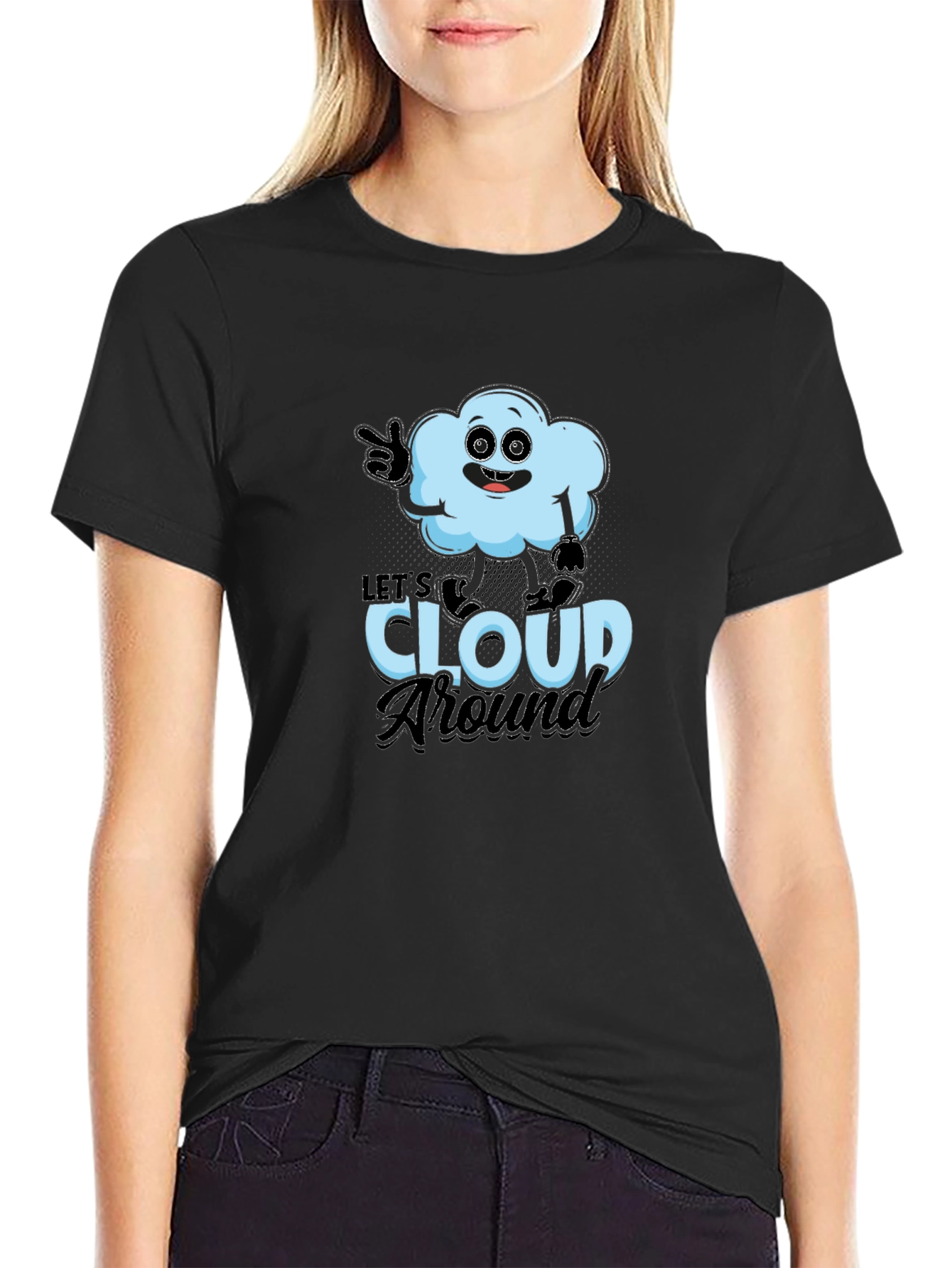 Black Let's Cloud Around T-Shirt - Funny Weather Tee view 2