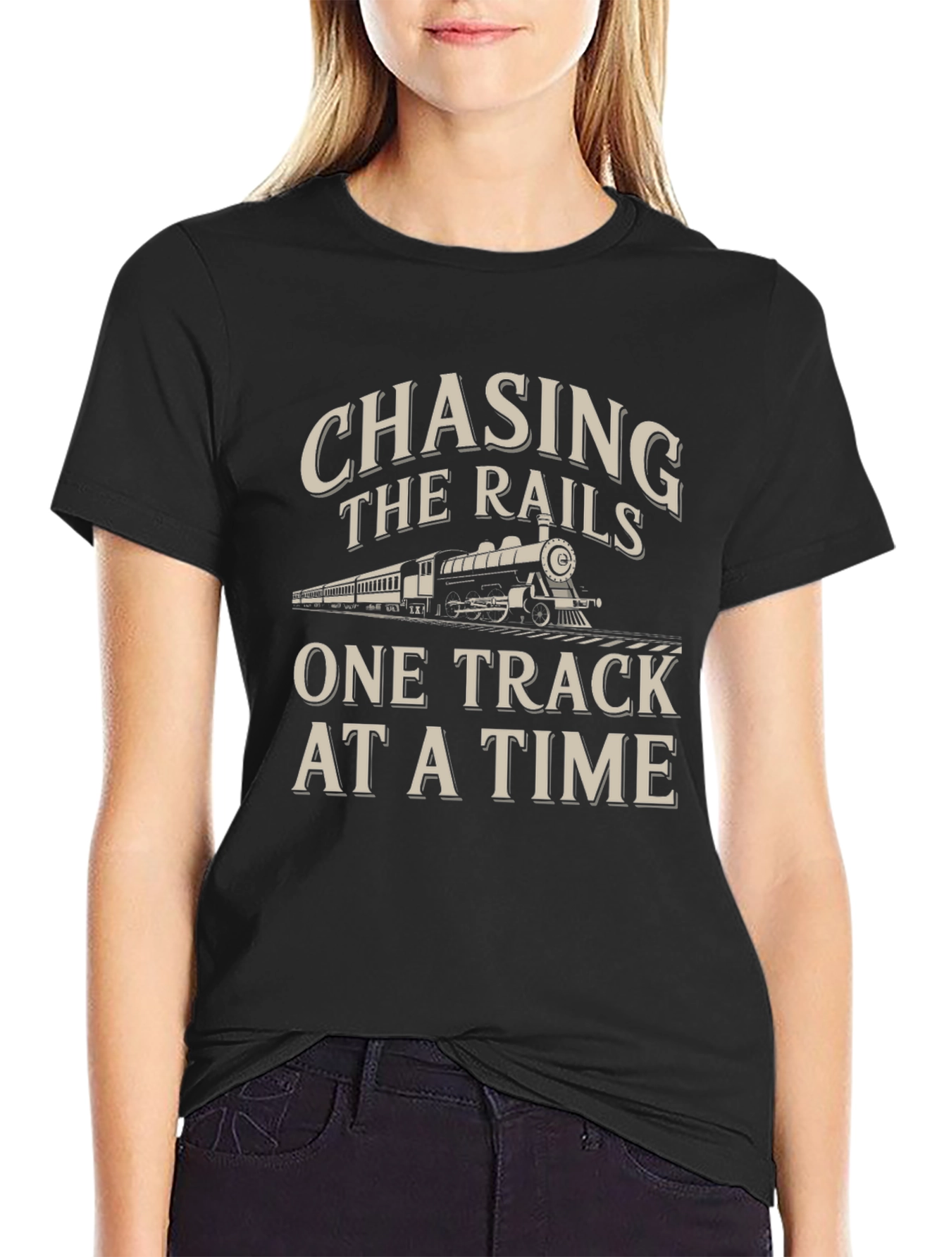 Black Chasing The Rails Train Graphic Tee view 2