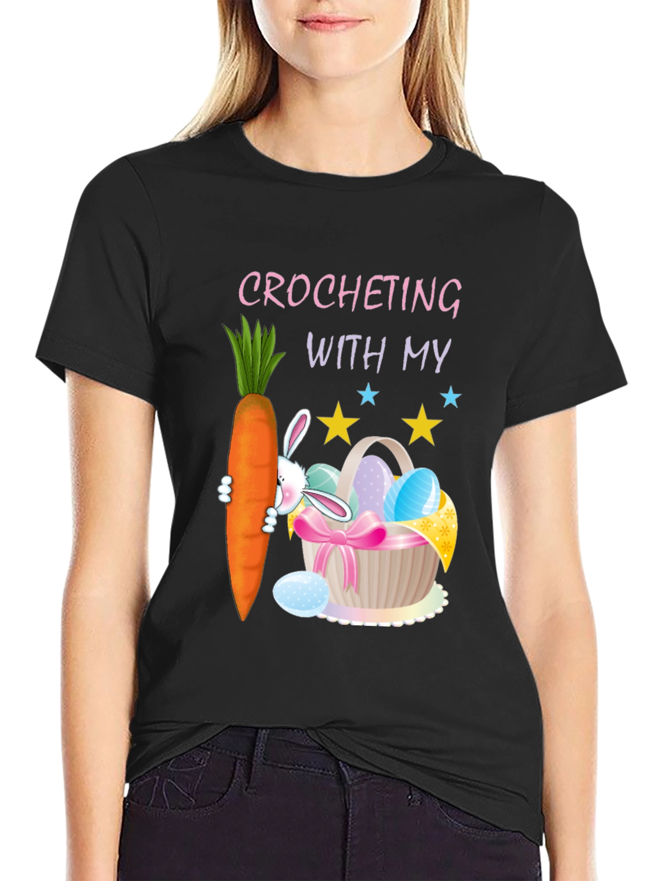 Black Crocheting Easter Bunny Carrot T-Shirt view 2